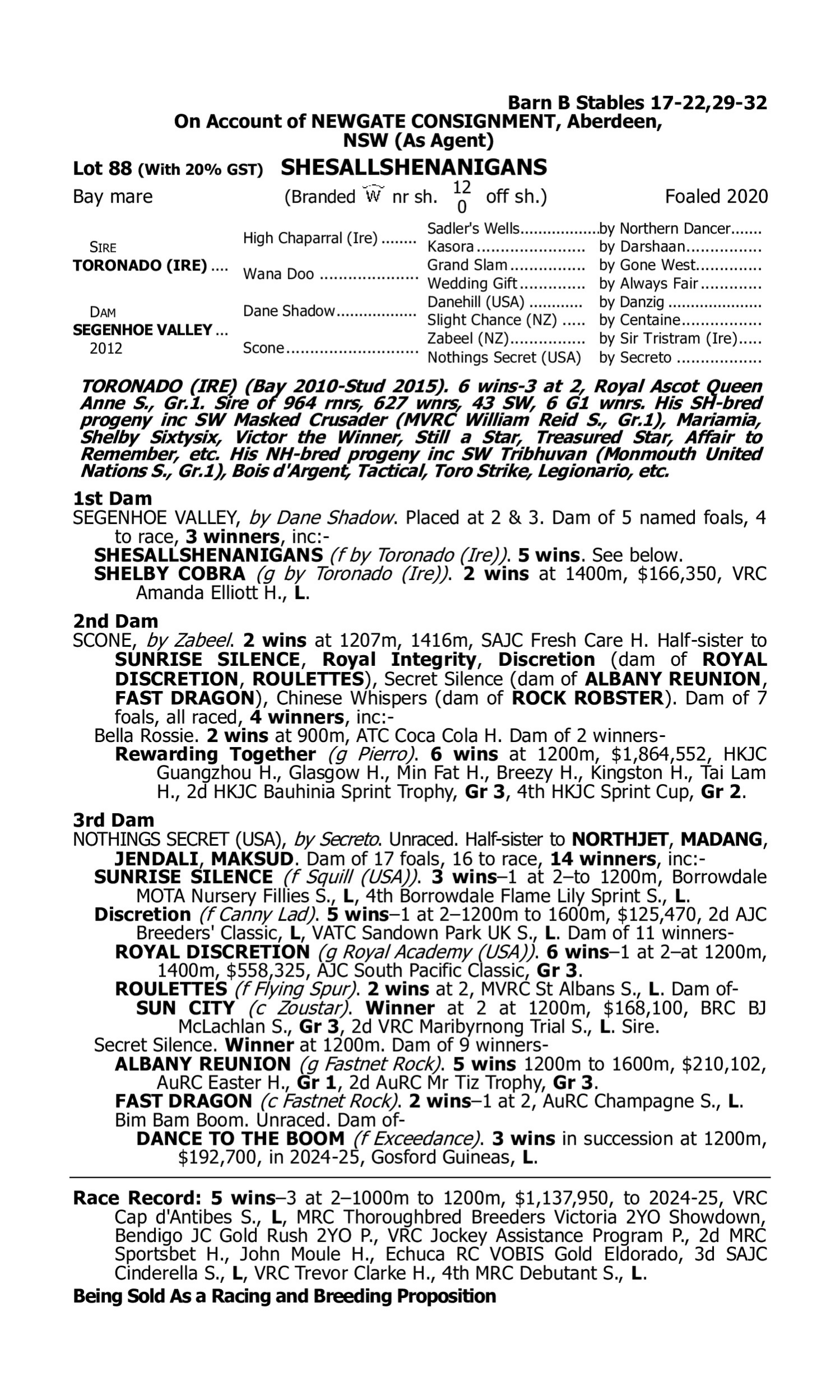 Pedigree for Lot 88 Toronado (IRE) - Segenhoe Valley