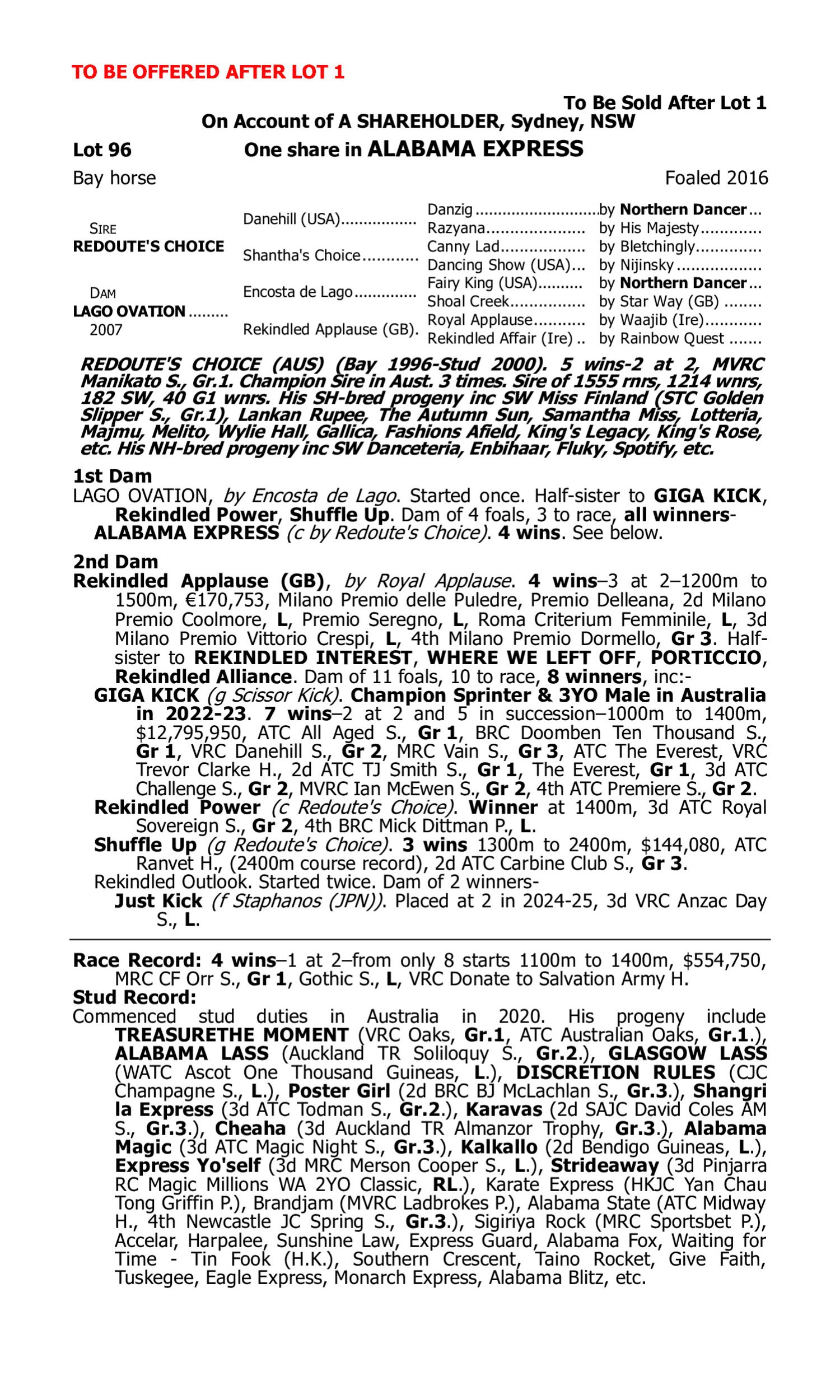 Pedigree for Lot 96 Redoute's Choice - Lago Ovation