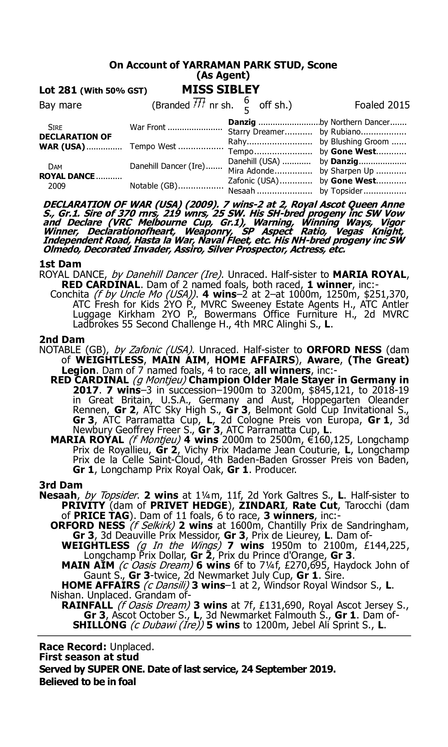Pedigree for Lot 281 Declaration of War (USA) - Royal Dance