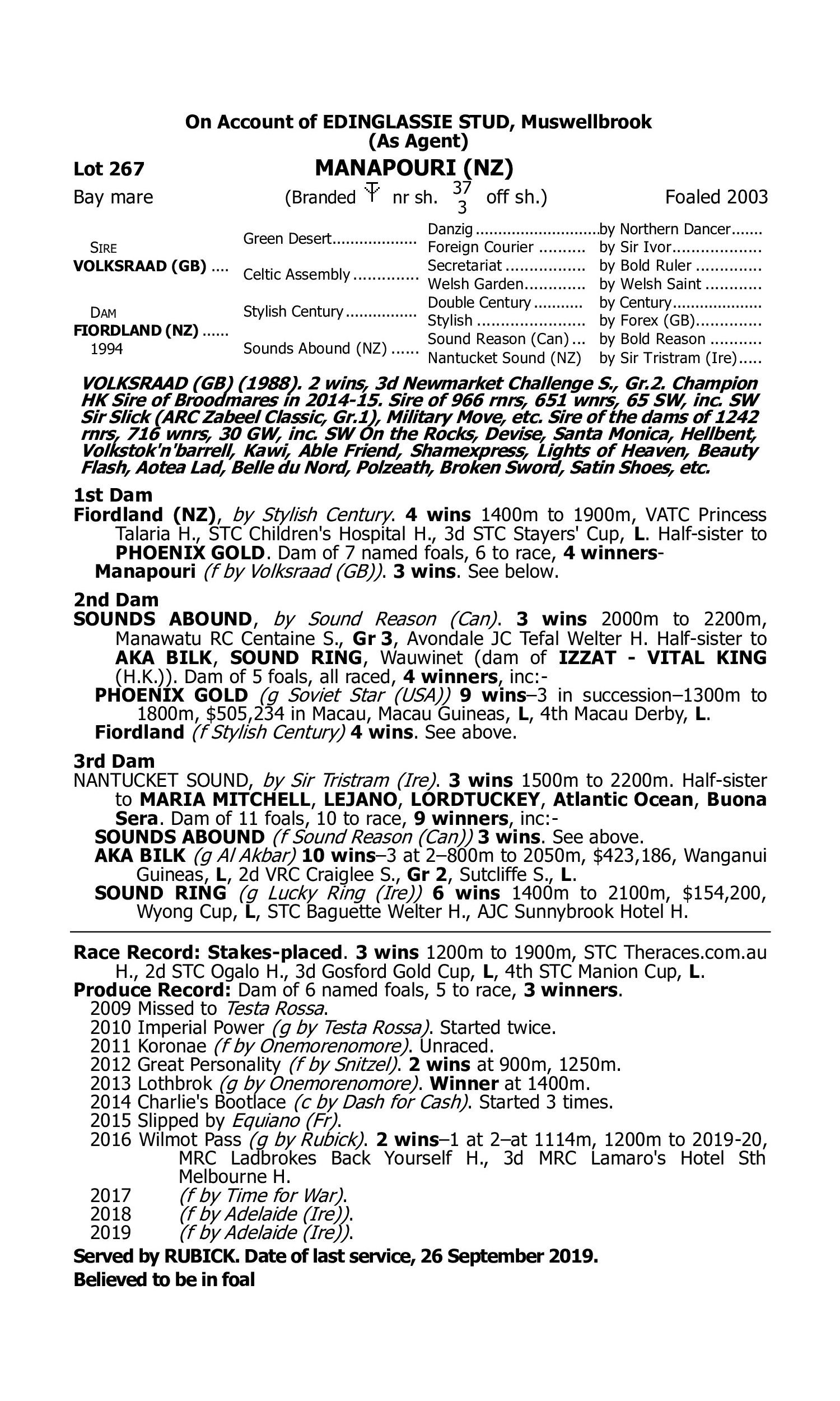 Pedigree for Lot 267 Volksraad (GB) - Fiordland (NZ)
