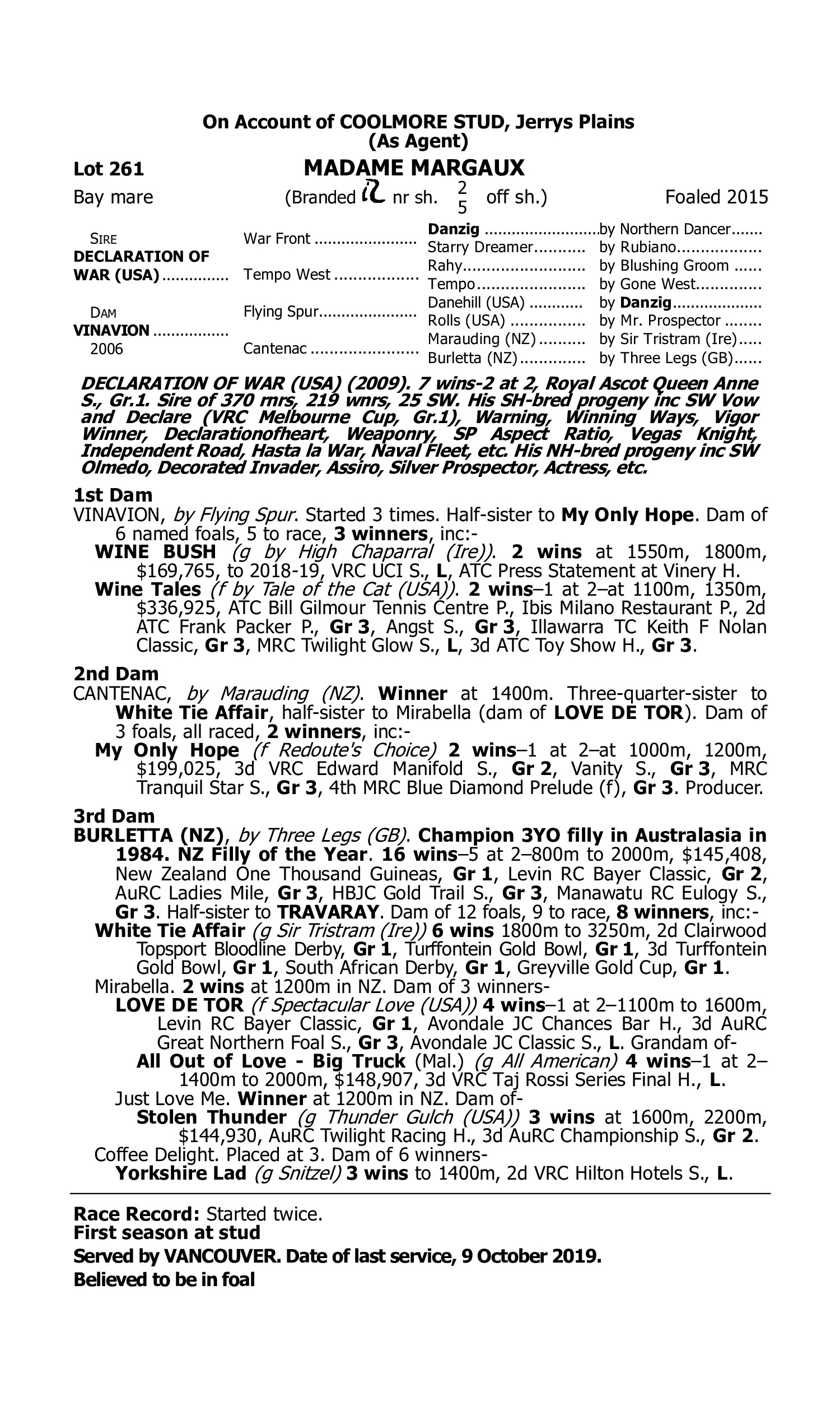 Pedigree for Lot 261 Declaration of War (USA) - Vinavion
