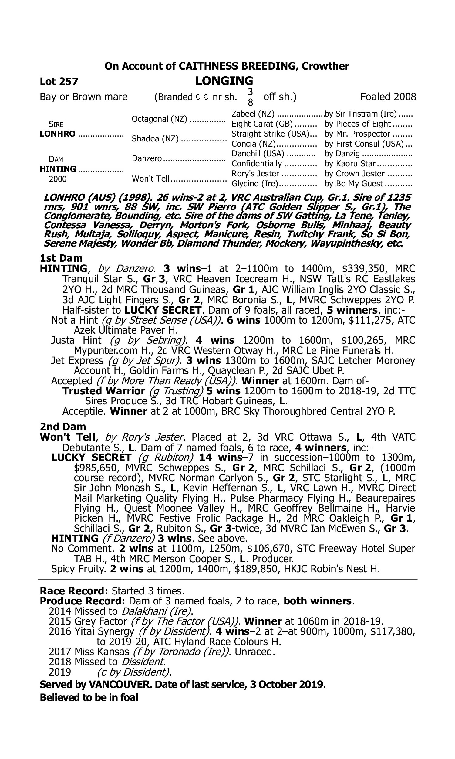 Pedigree for Lot 257 Lonhro - Hinting