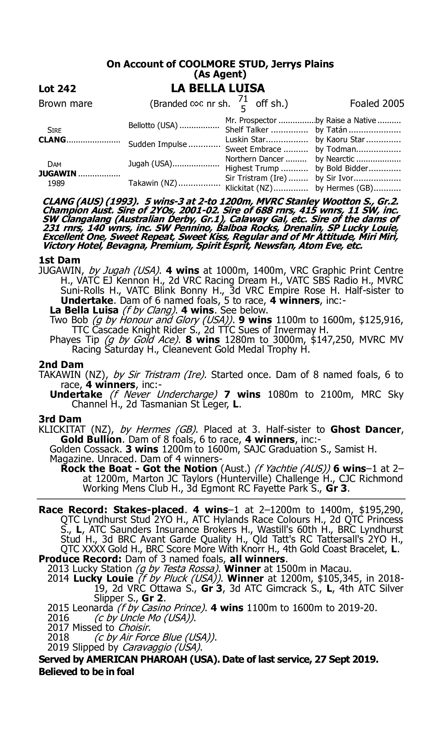 Pedigree for Lot 242 Clang - Jugawin