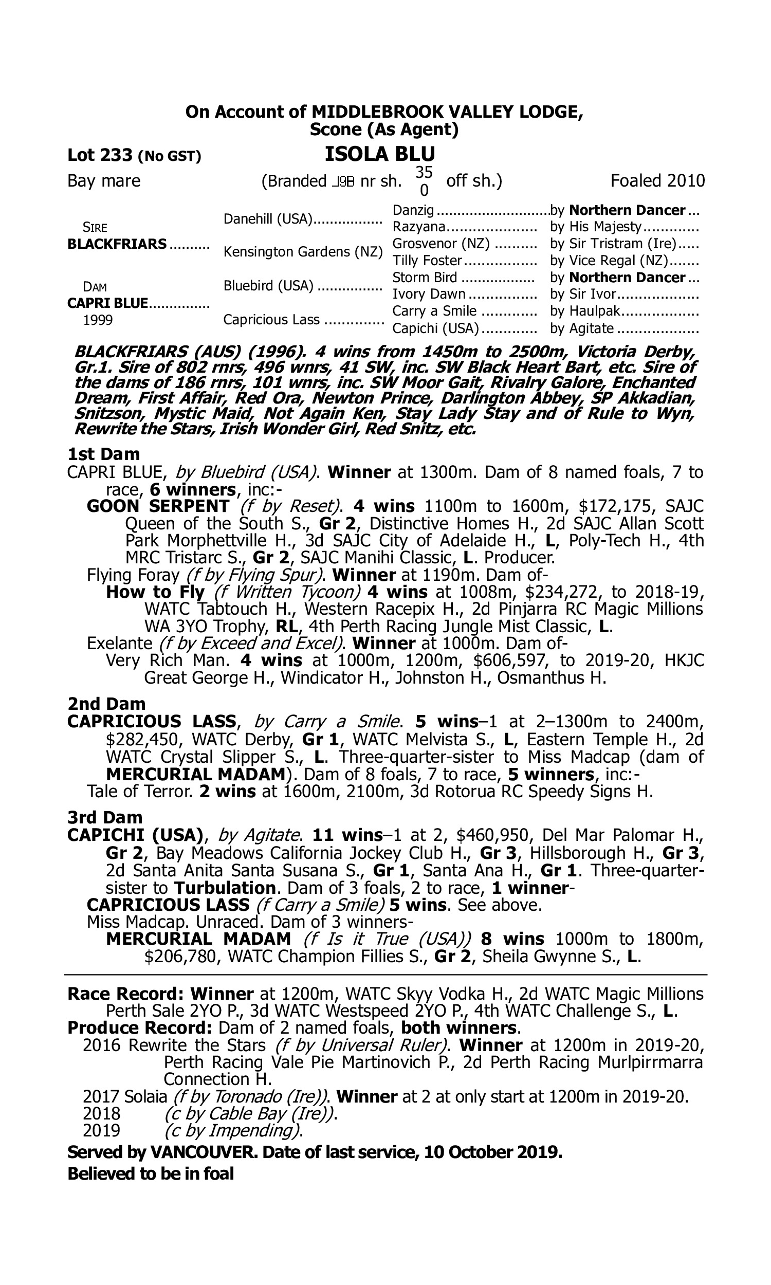 Pedigree for Lot 233 Blackfriars - Capri Blue