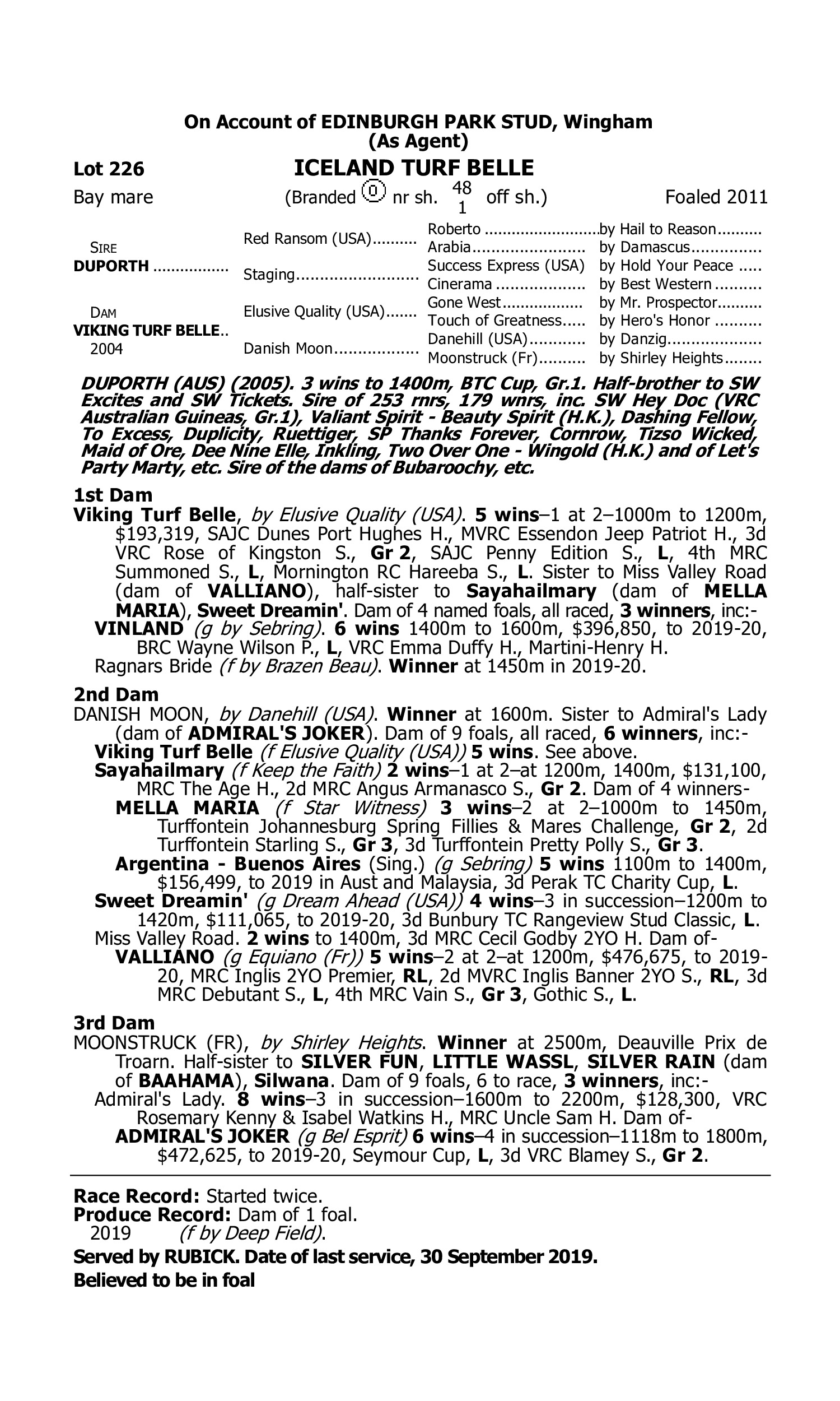 Pedigree for Lot 226 Duporth - Viking Turf Belle