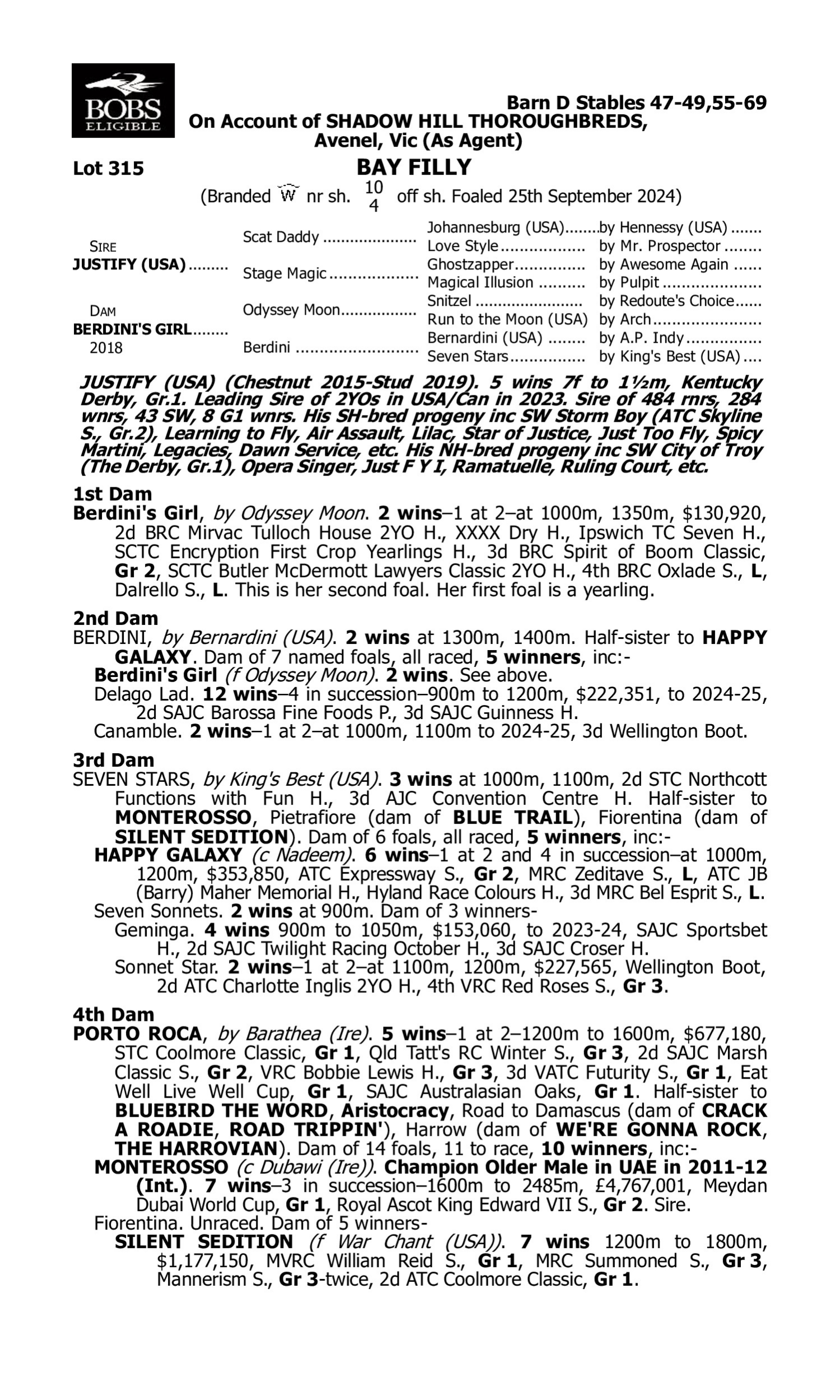 Pedigree for Lot 315 Justify (USA) - Berdini's Girl