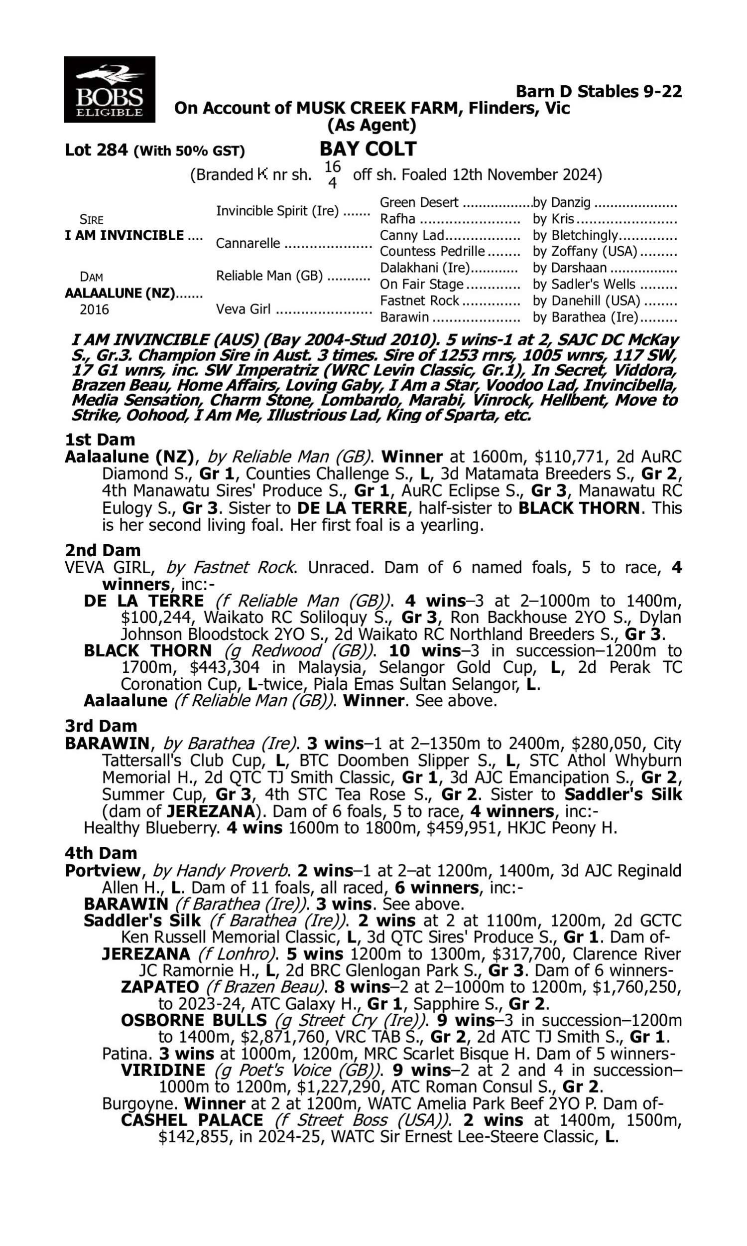 Pedigree for Lot 284 I Am Invincible - Aalaalune (NZ)