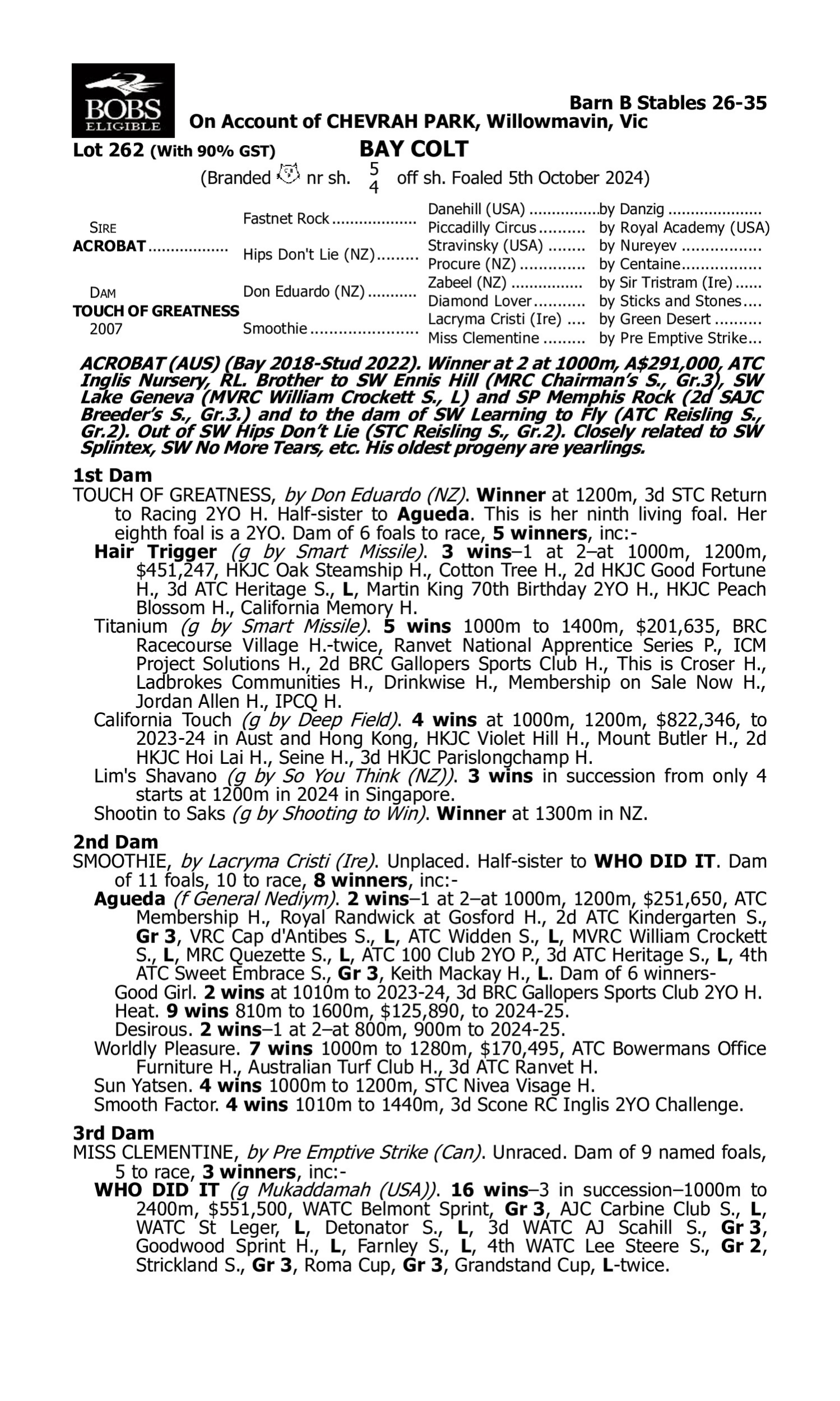 Pedigree for Lot 262 Acrobat - Touch of Greatness