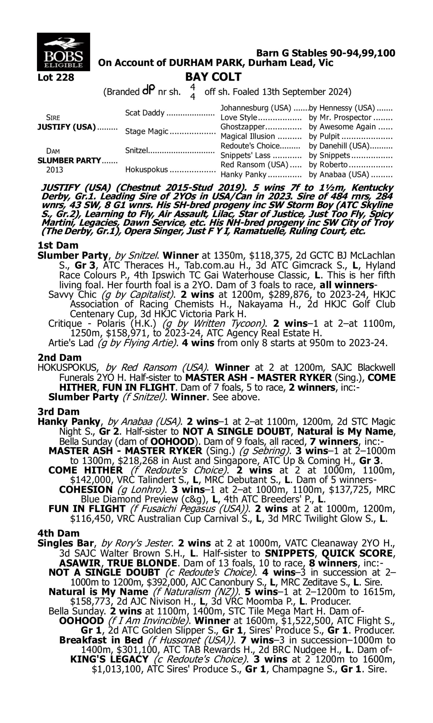 Pedigree for Lot 228 Justify (USA) - Slumber Party