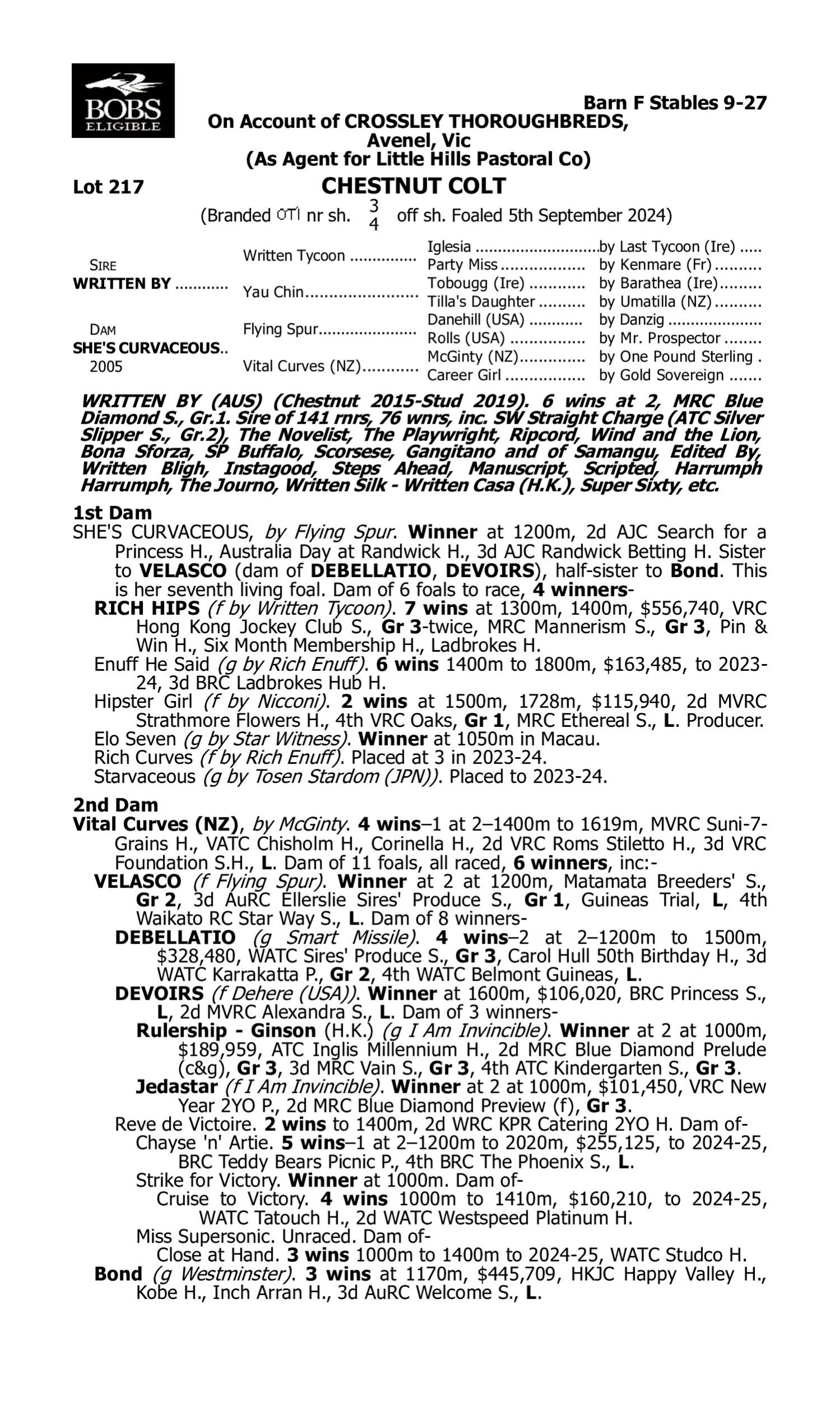 Pedigree for Lot 217 Written By - She's Curvaceous