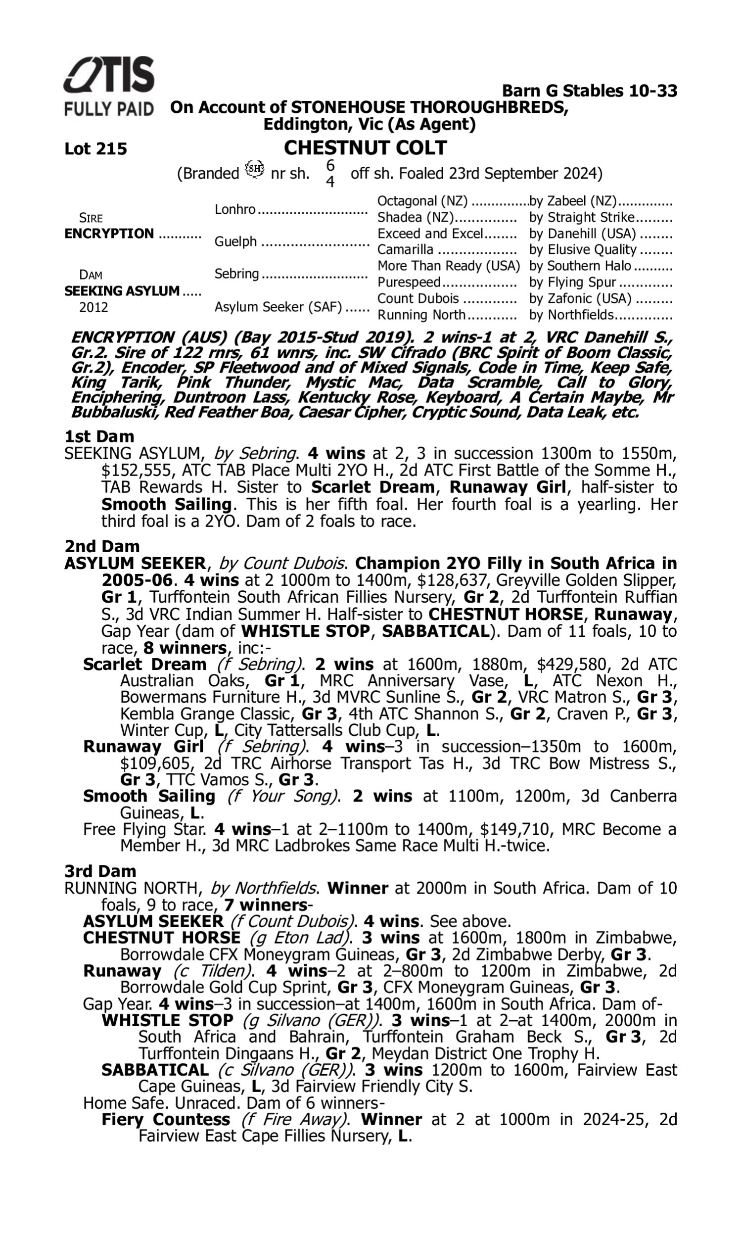 Pedigree for Lot 215 Encryption - Seeking Asylum