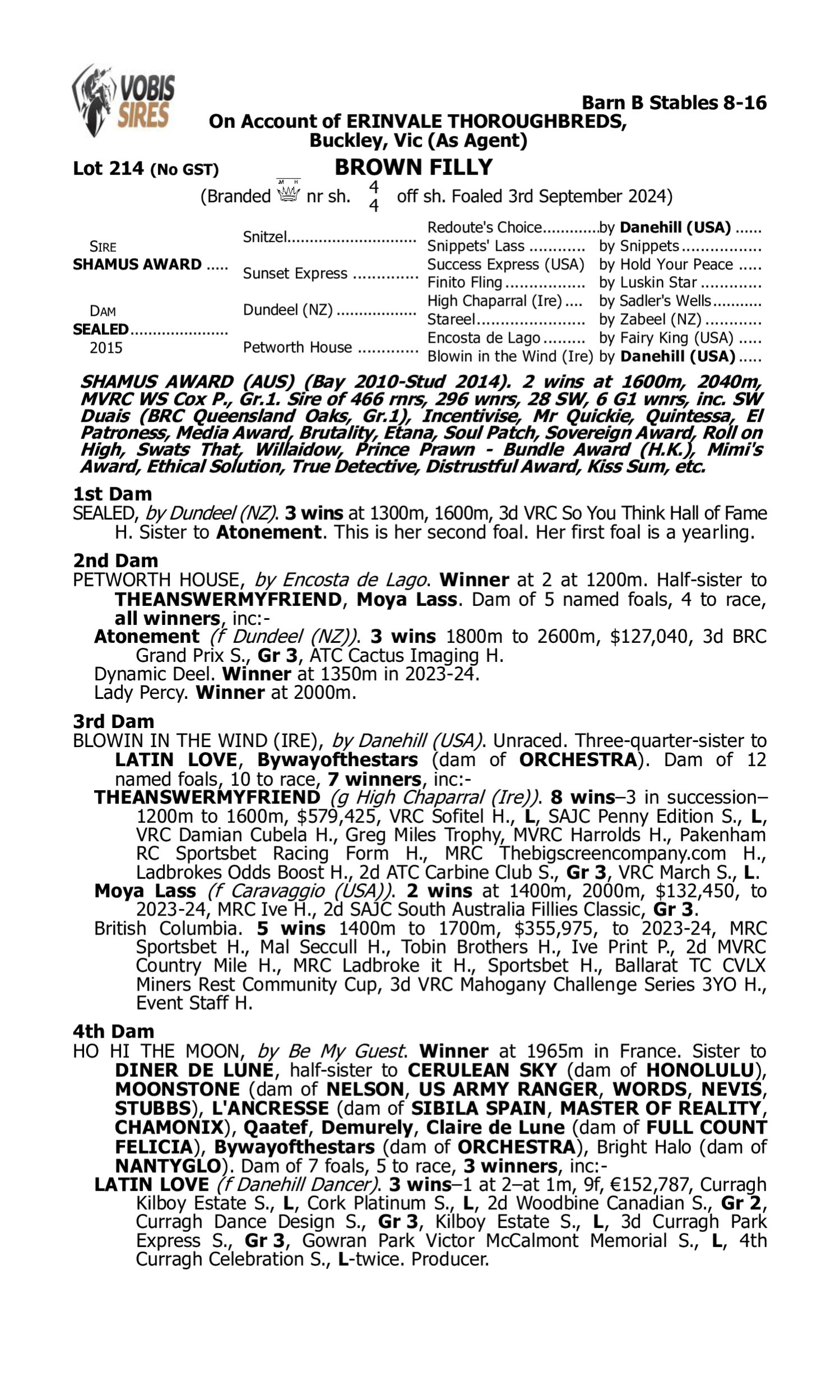 Pedigree for Lot 214 Shamus Award - Sealed