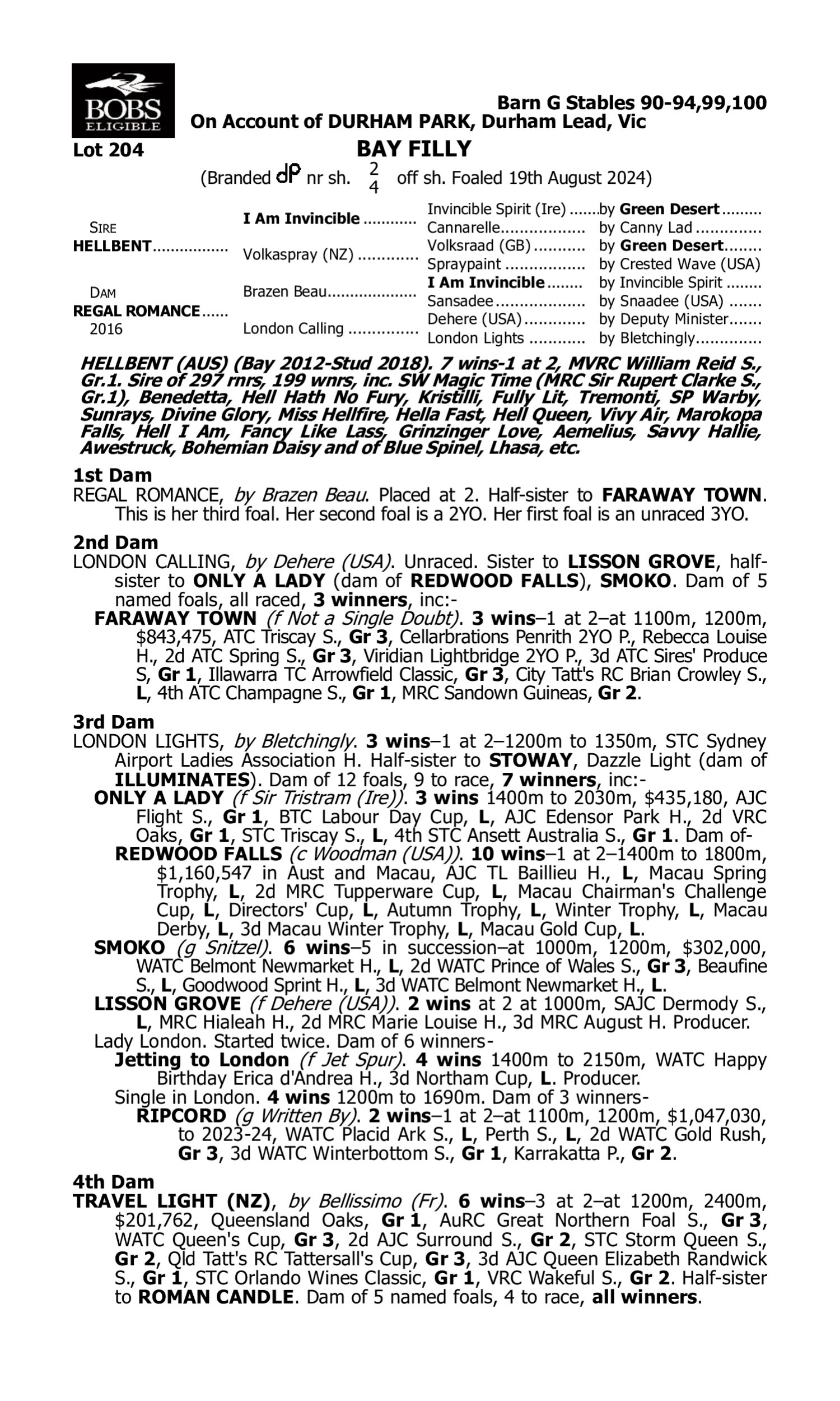 Pedigree for Lot 204 Hellbent - Regal Romance