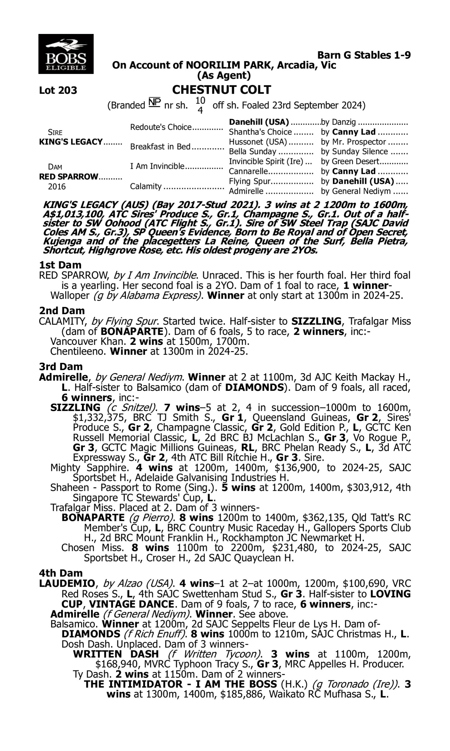 Pedigree for Lot 203 King's Legacy - Red Sparrow