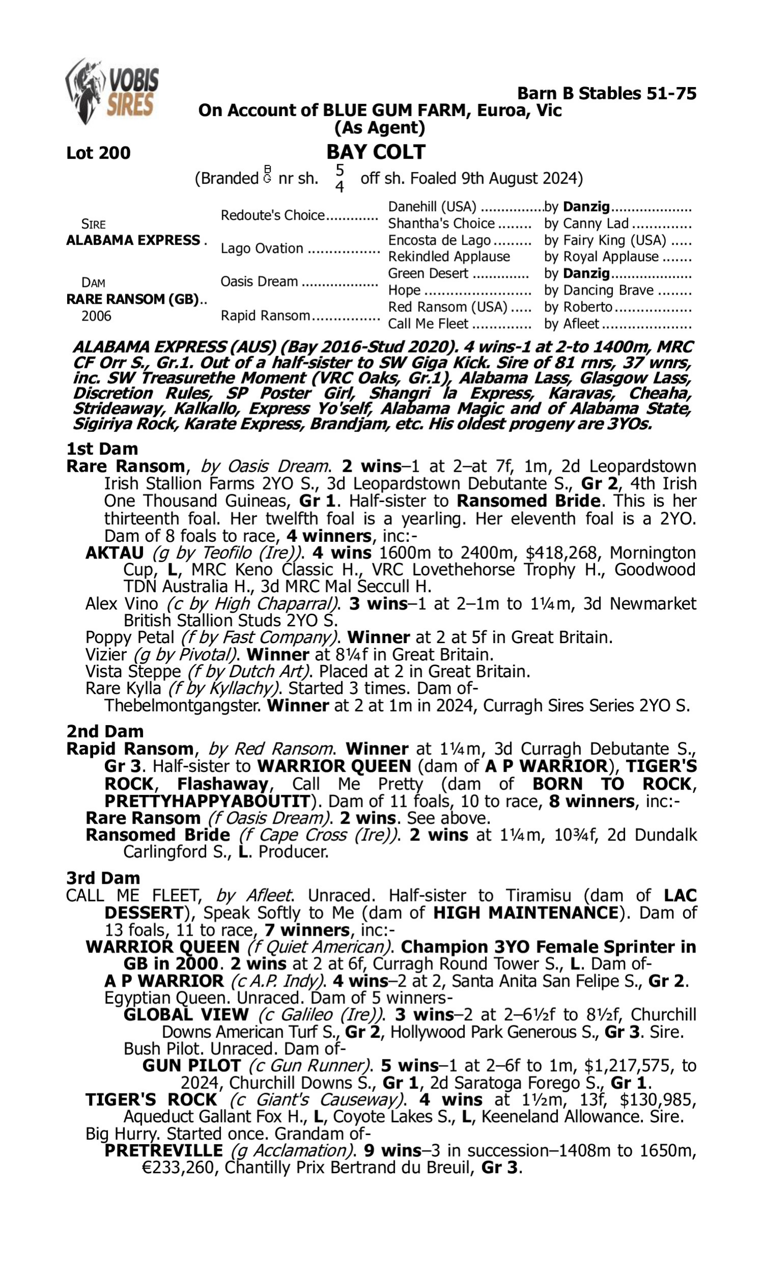 Pedigree for Lot 200 Alabama Express - Rare Ransom (GB)