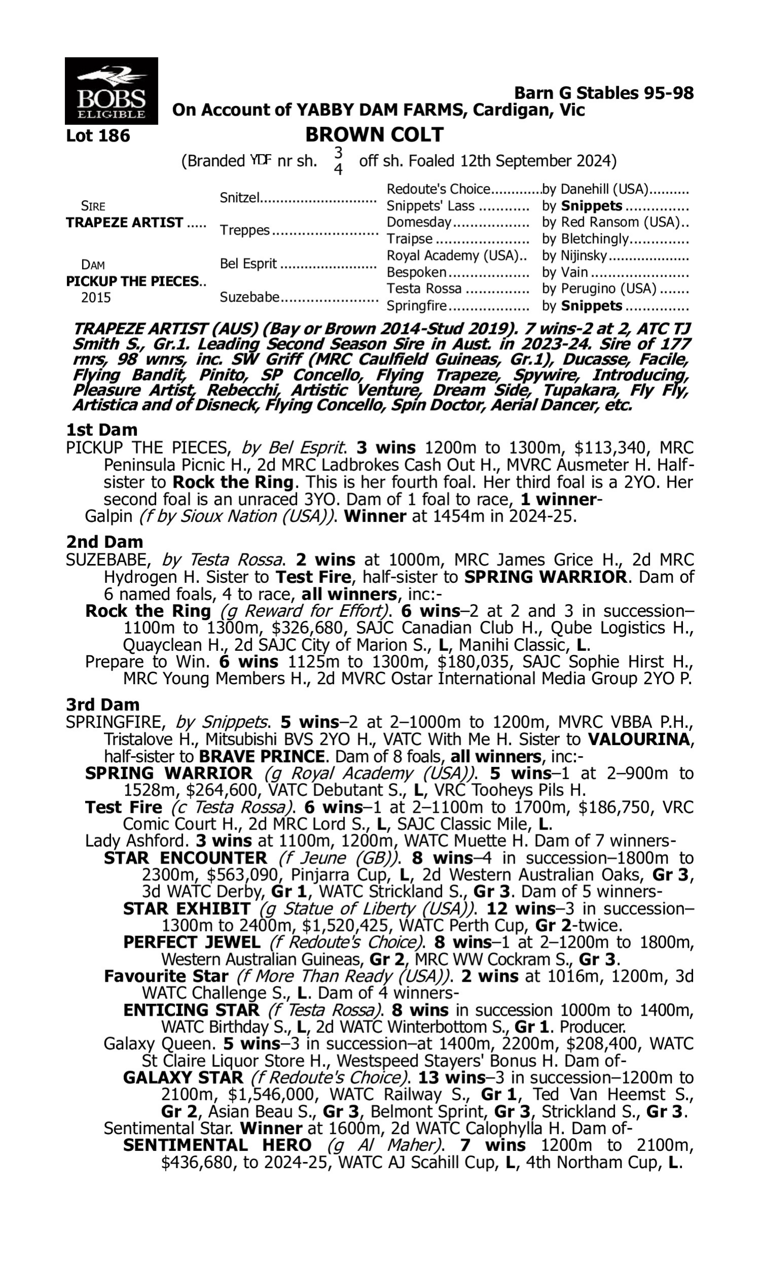 Pedigree for Lot 186 Trapeze Artist - Pickup the Pieces