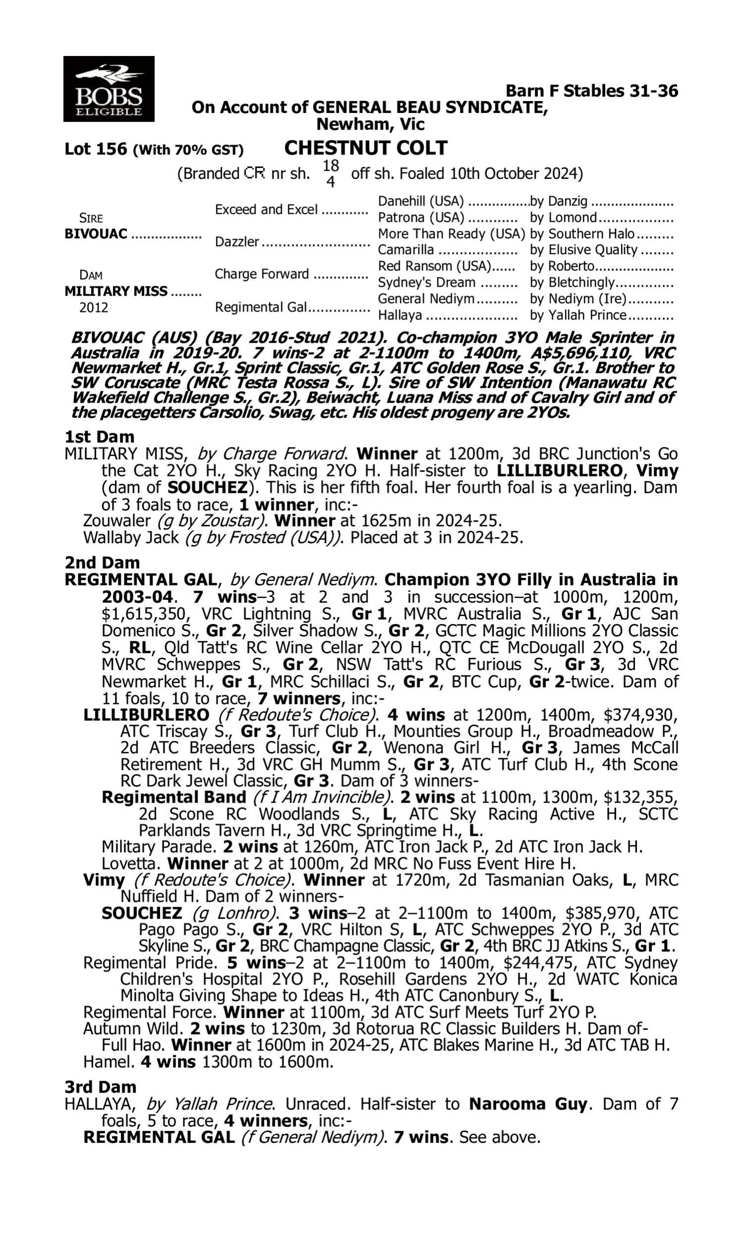 Pedigree for Lot 156 Bivouac - Military Miss