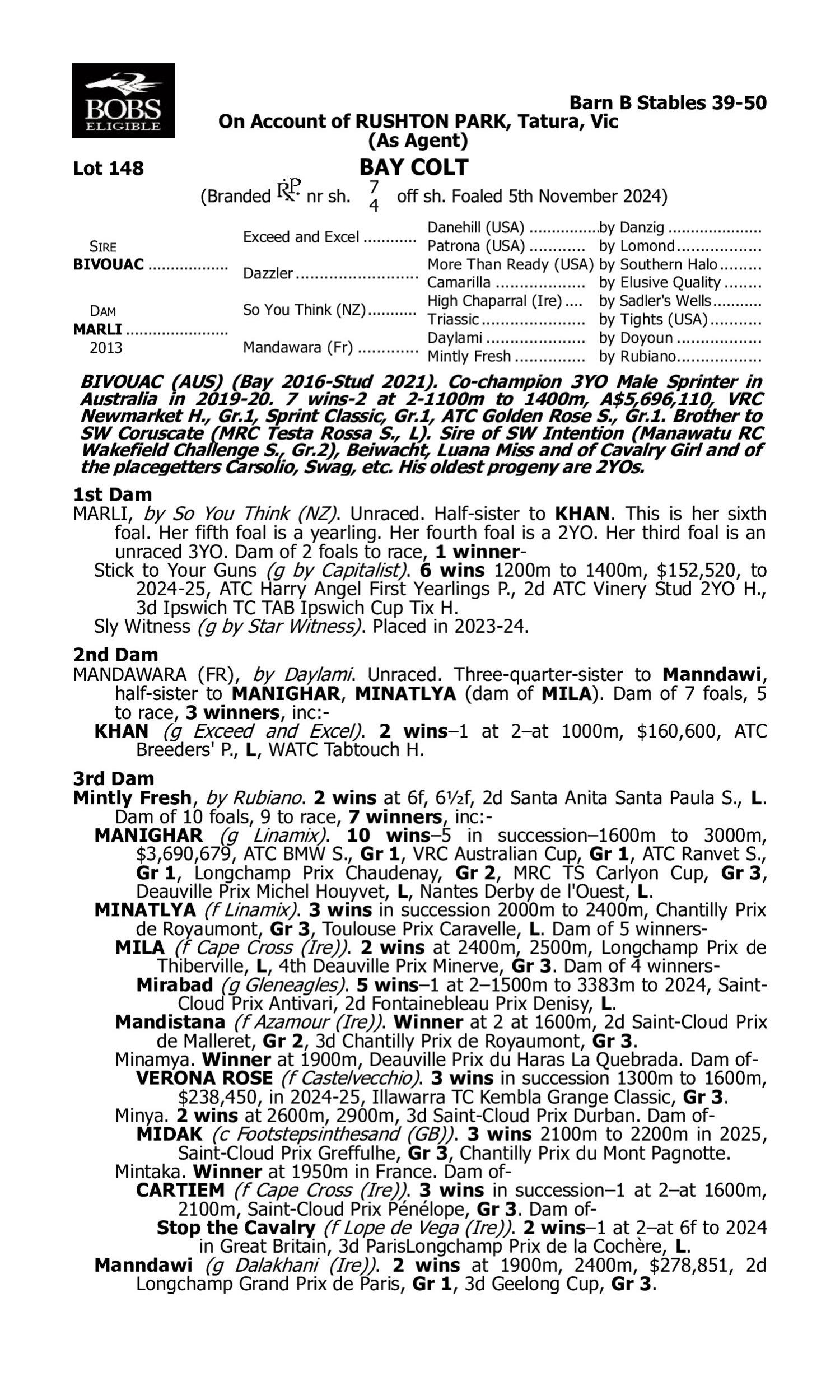 Pedigree for Lot 148 Bivouac - Marli