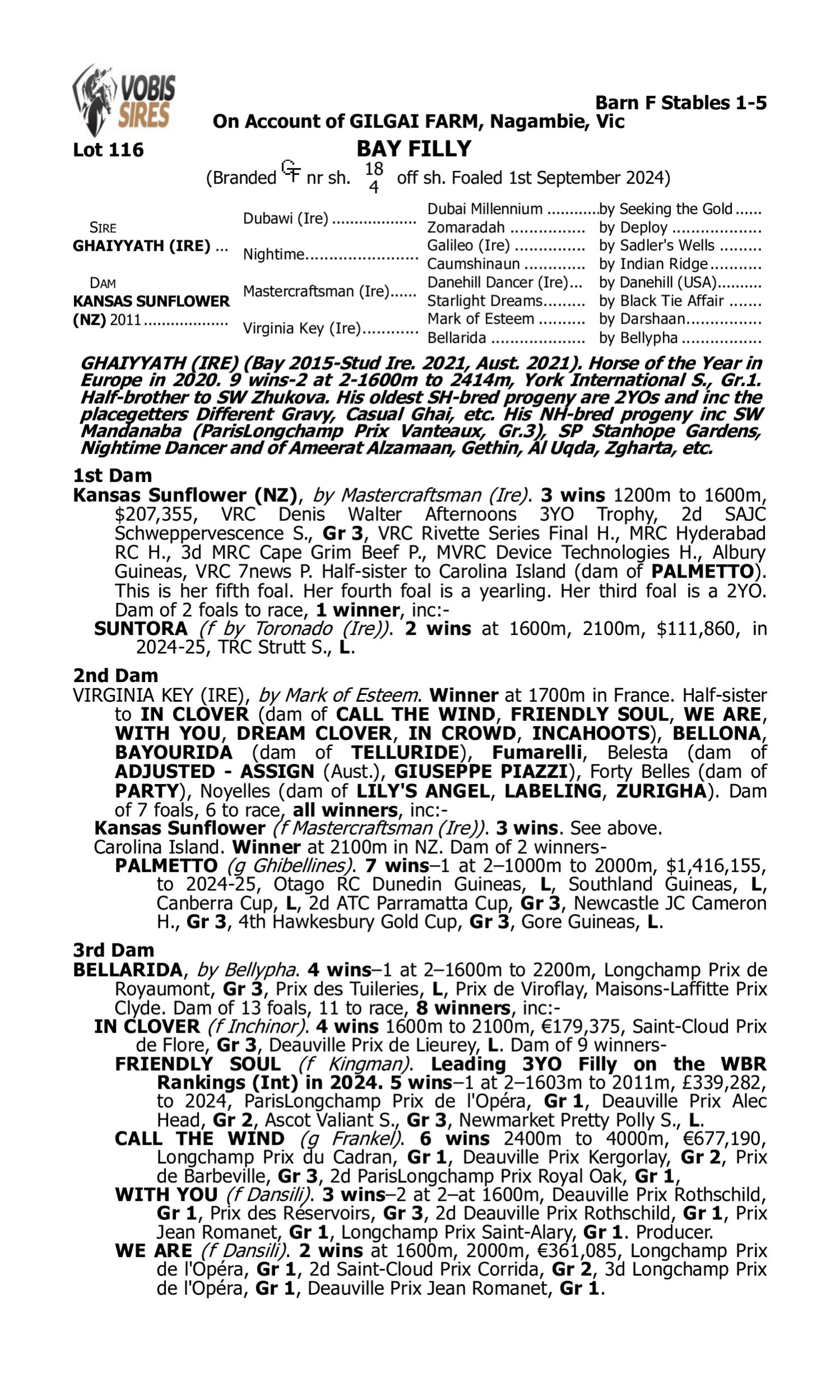 Pedigree for Lot 116 Ghaiyyath (IRE) - Kansas Sunflower (NZ)