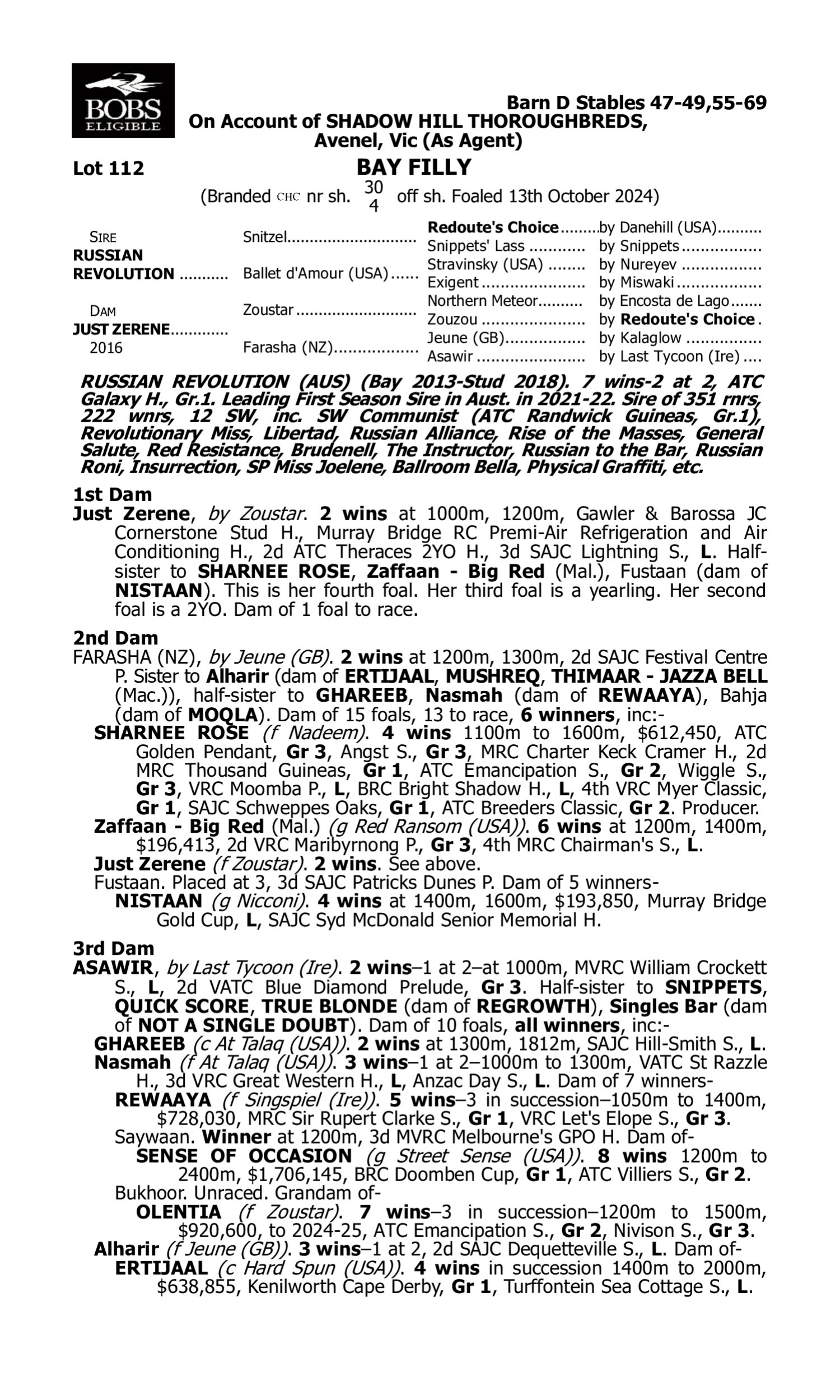 Pedigree for Lot 112 Russian Revolution - Just Zerene