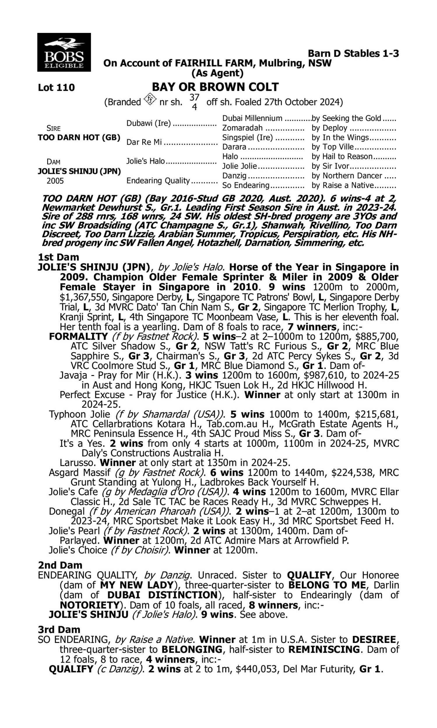 Pedigree for Lot 110 Too Darn Hot (GB) - Jolie's Shinju (JPN)