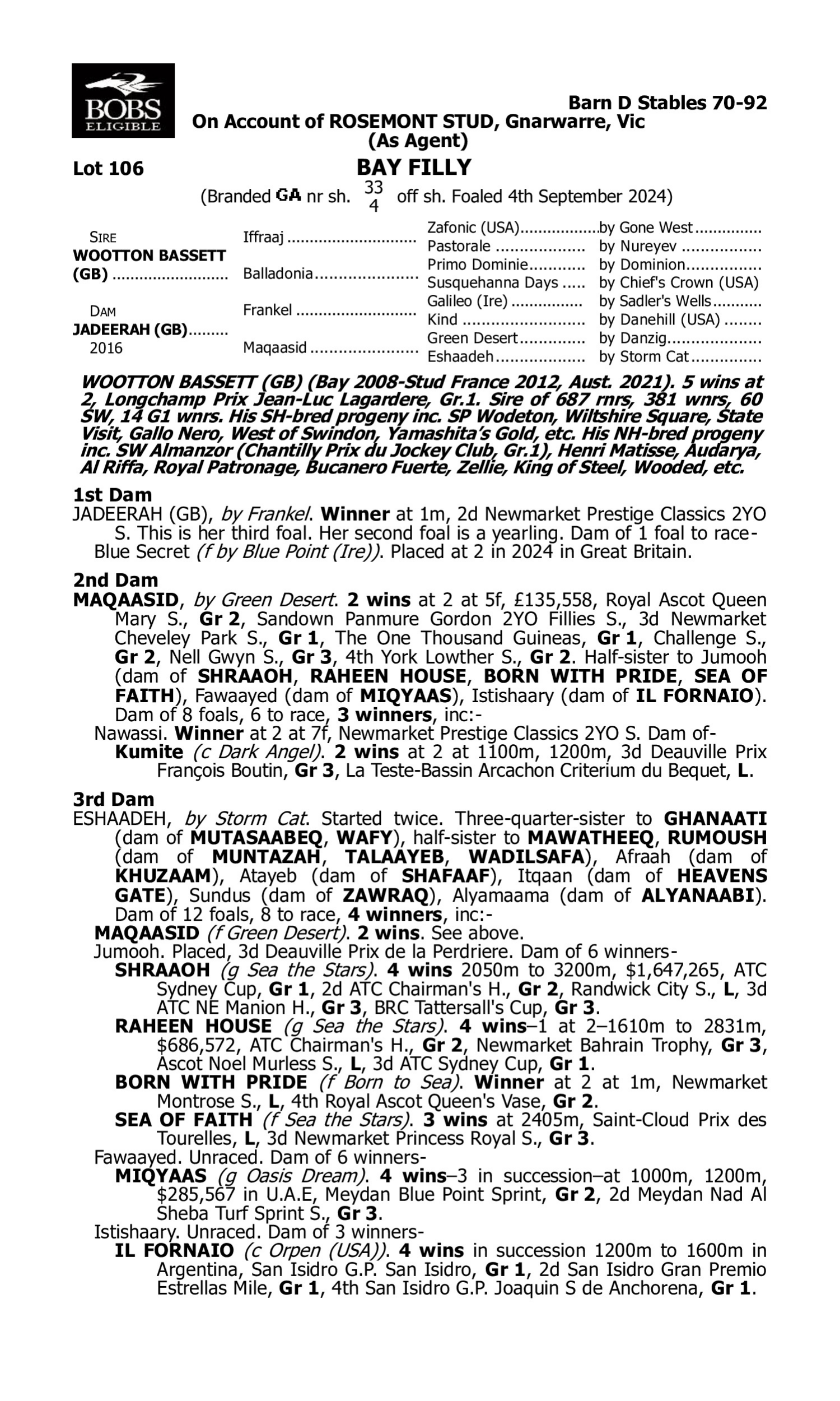 Pedigree for Lot 106 Wootton Bassett (GB) - Jadeerah (GB)