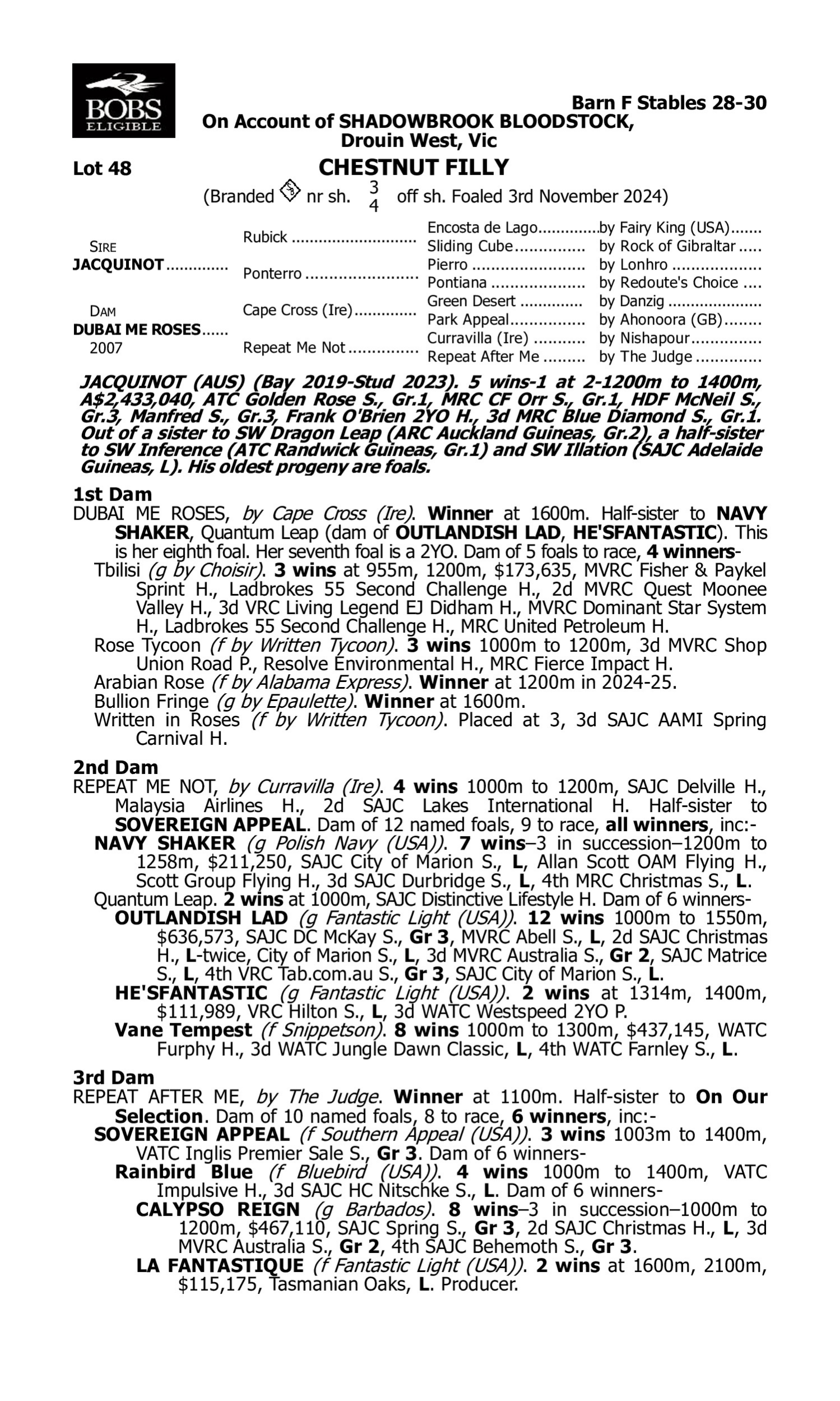 Pedigree for Lot 48 Jacquinot - Dubai Me Roses