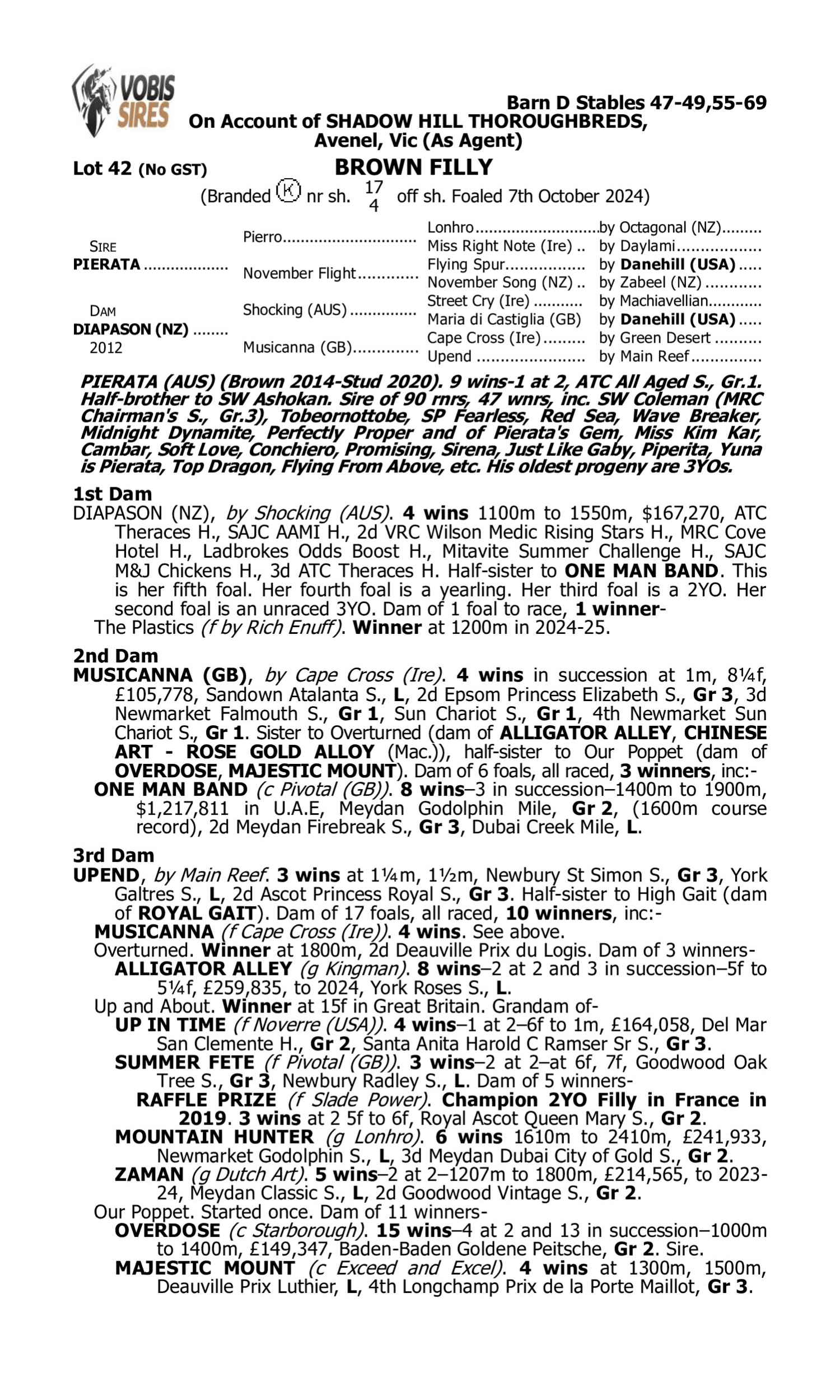 Pedigree for Lot 42 Pierata - Diapason (NZ)