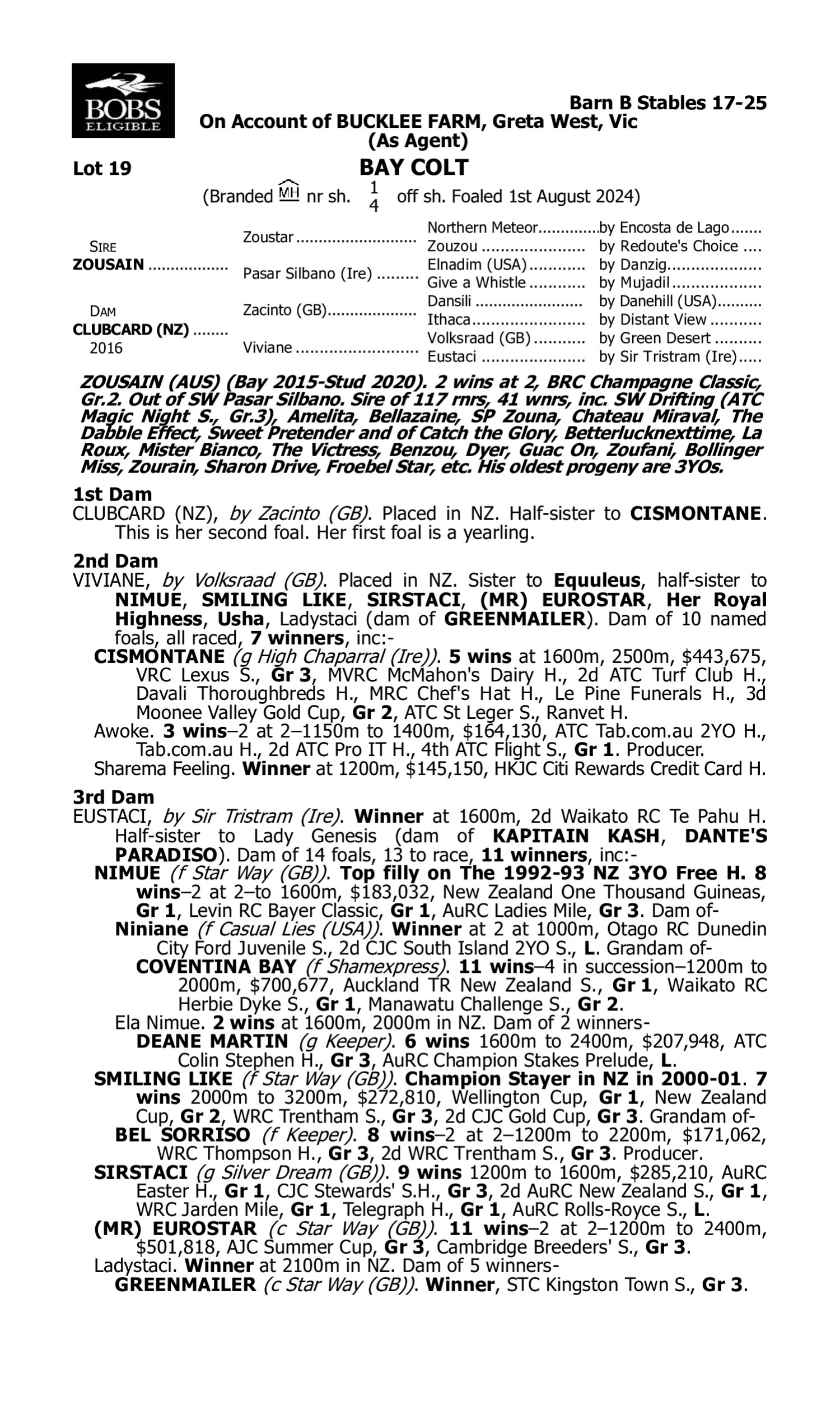 Pedigree for Lot 19 Zousain - Clubcard (NZ)