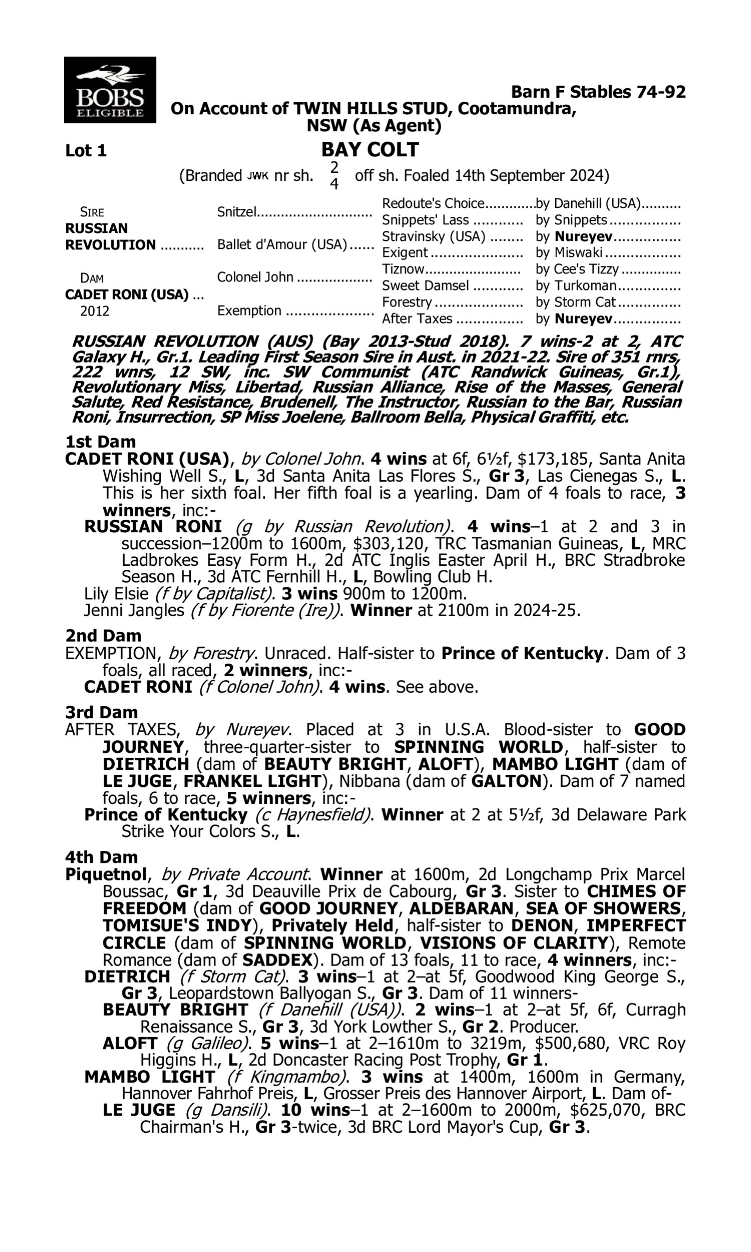 Pedigree for Lot 1 Russian Revolution - Cadet Roni (USA)