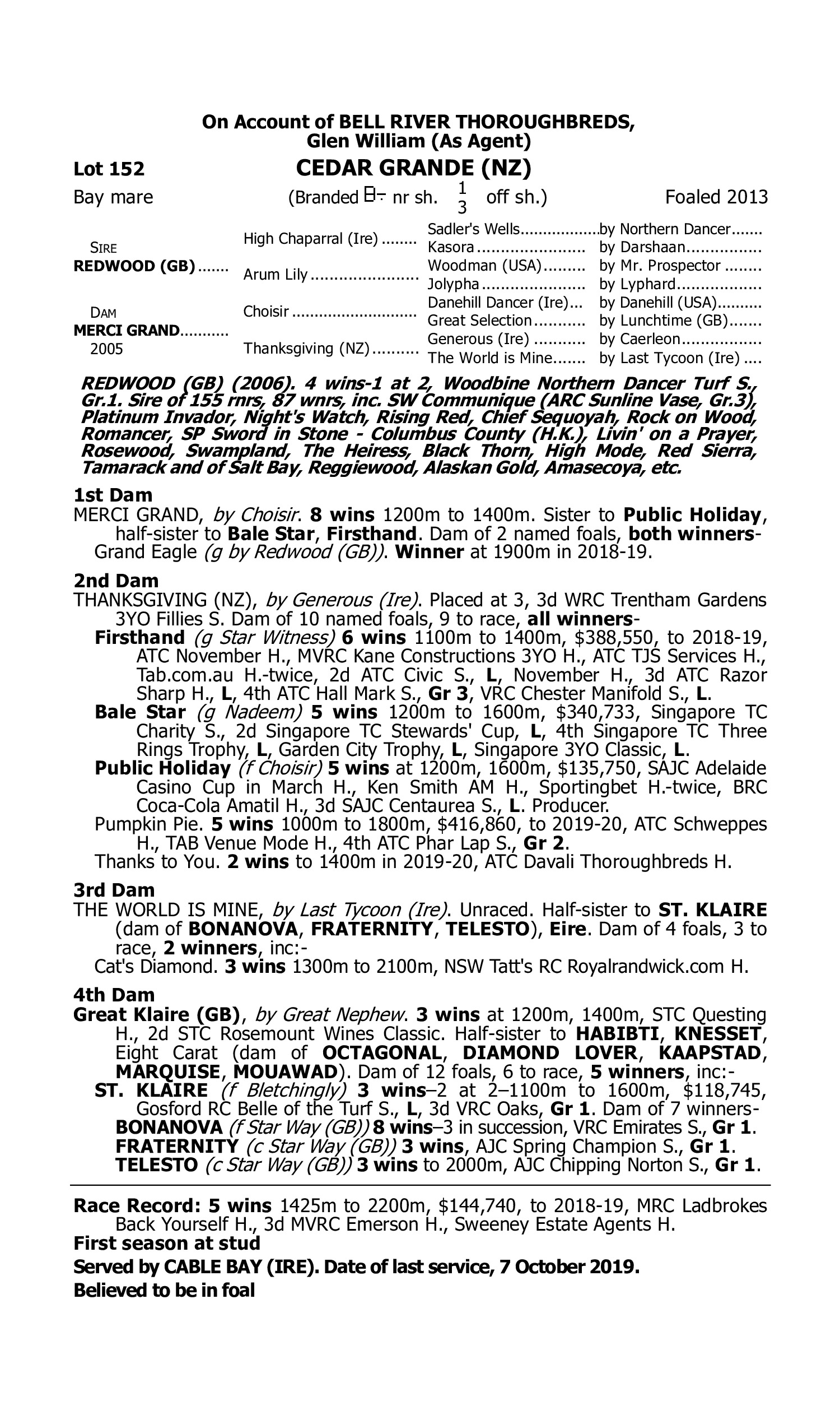 Pedigree for Lot 152 Redwood (GB) - Merci Grand