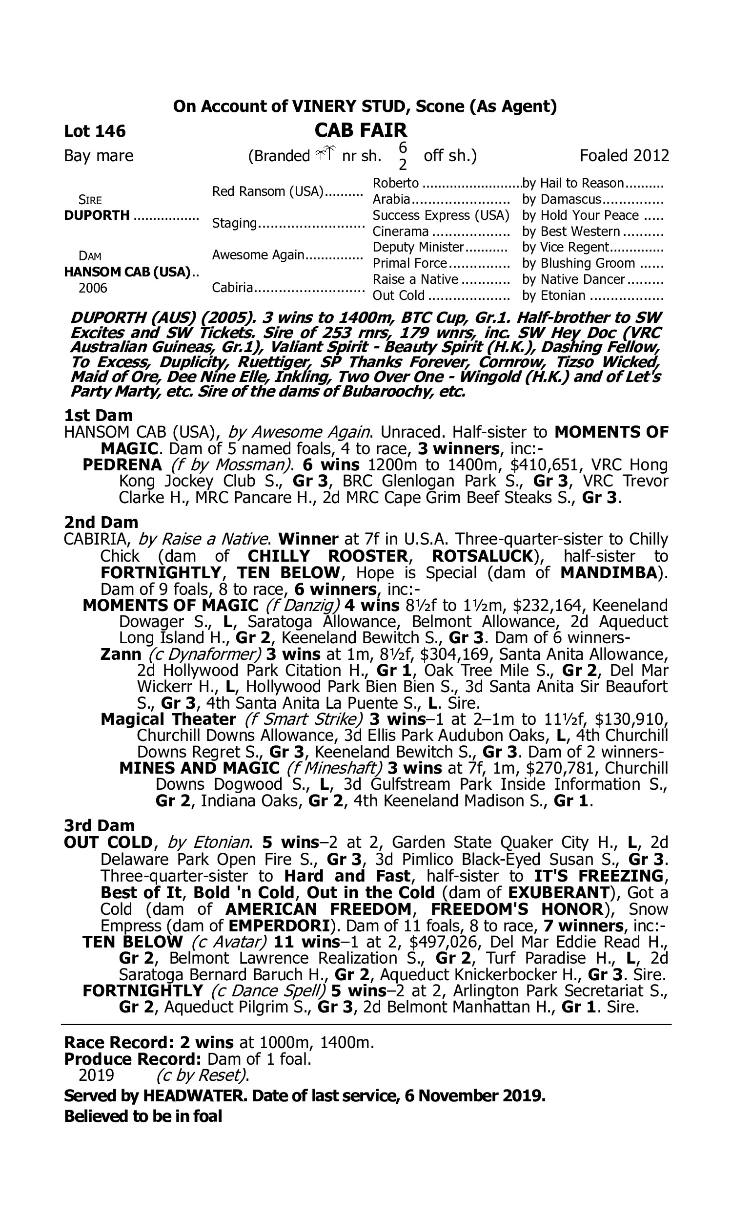 Pedigree for Lot 146 Duporth - Hansom Cab (USA)
