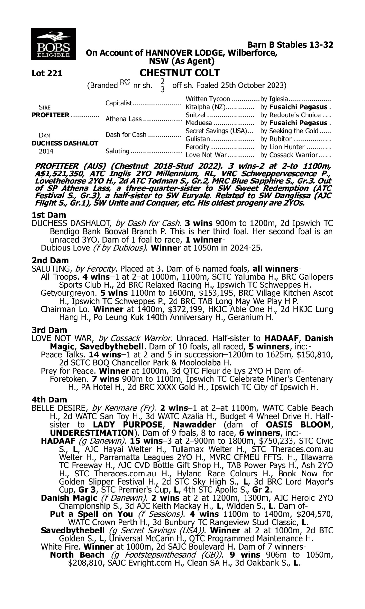 Pedigree for Lot 221 Profiteer - Duchess Dashalot