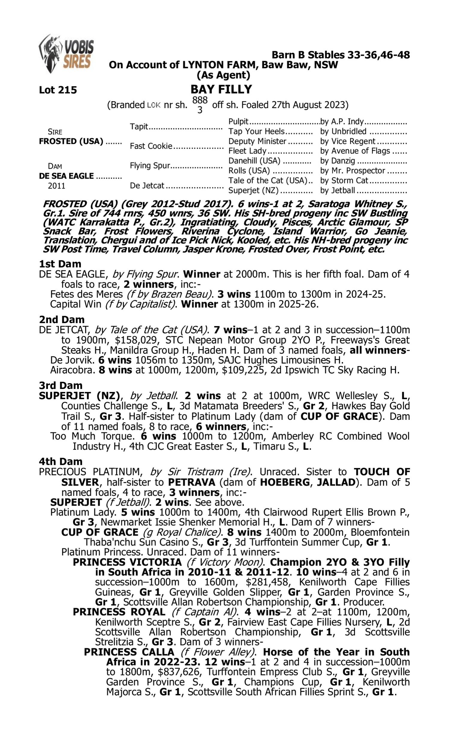 Pedigree for Lot 215 Frosted (USA) - De Sea Eagle