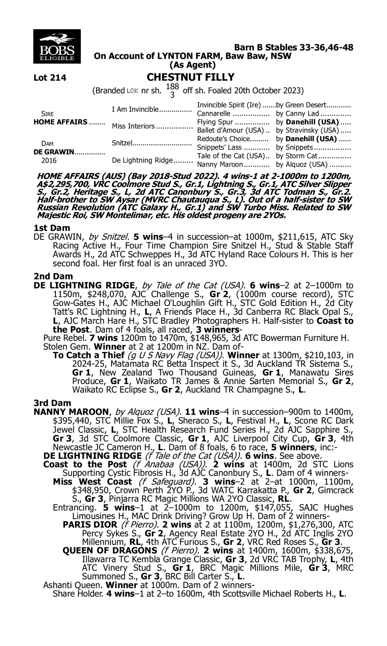 Pedigree for Lot 214 Home Affairs - De Grawin