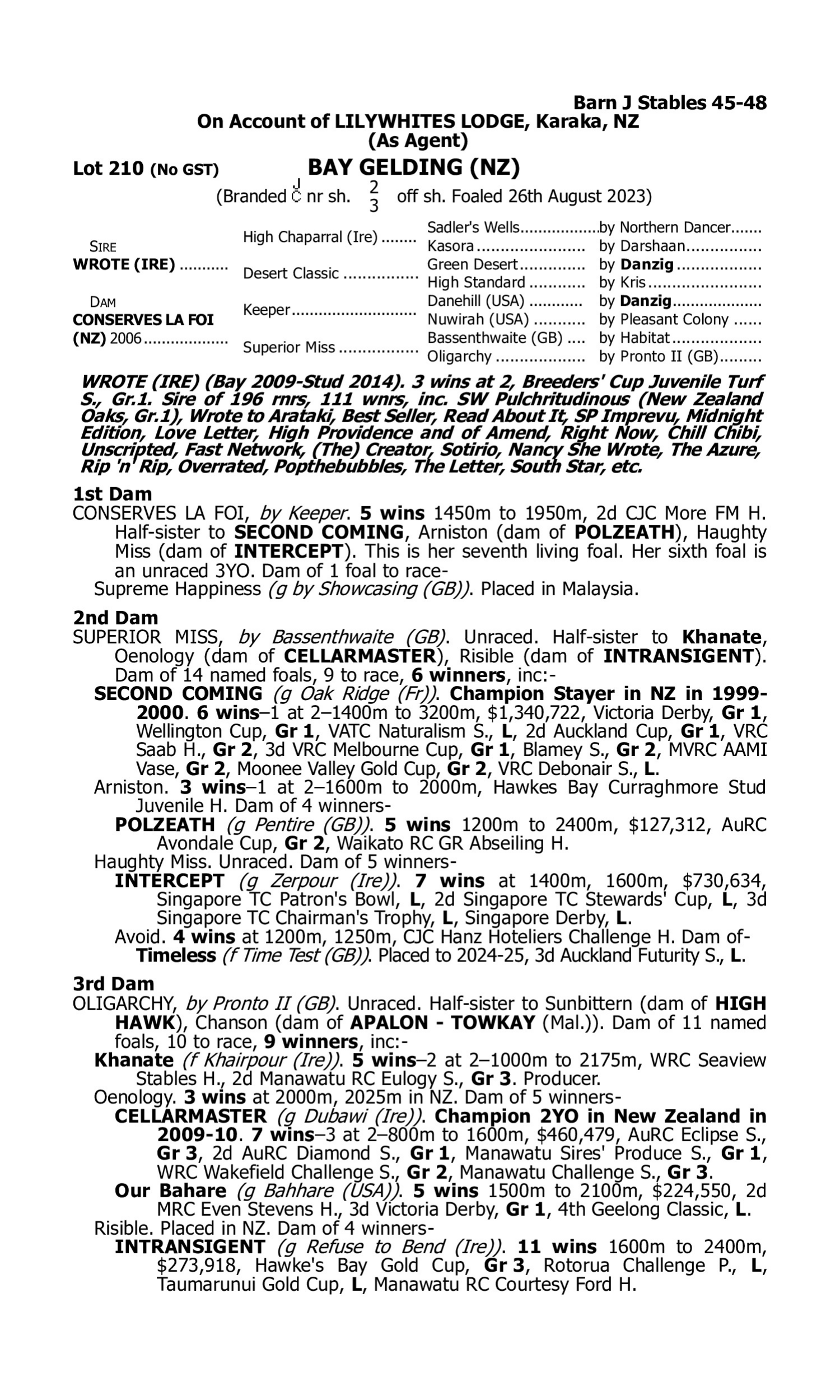 Pedigree for Lot 210 Wrote (IRE) - Conserves la Foi (NZ)
