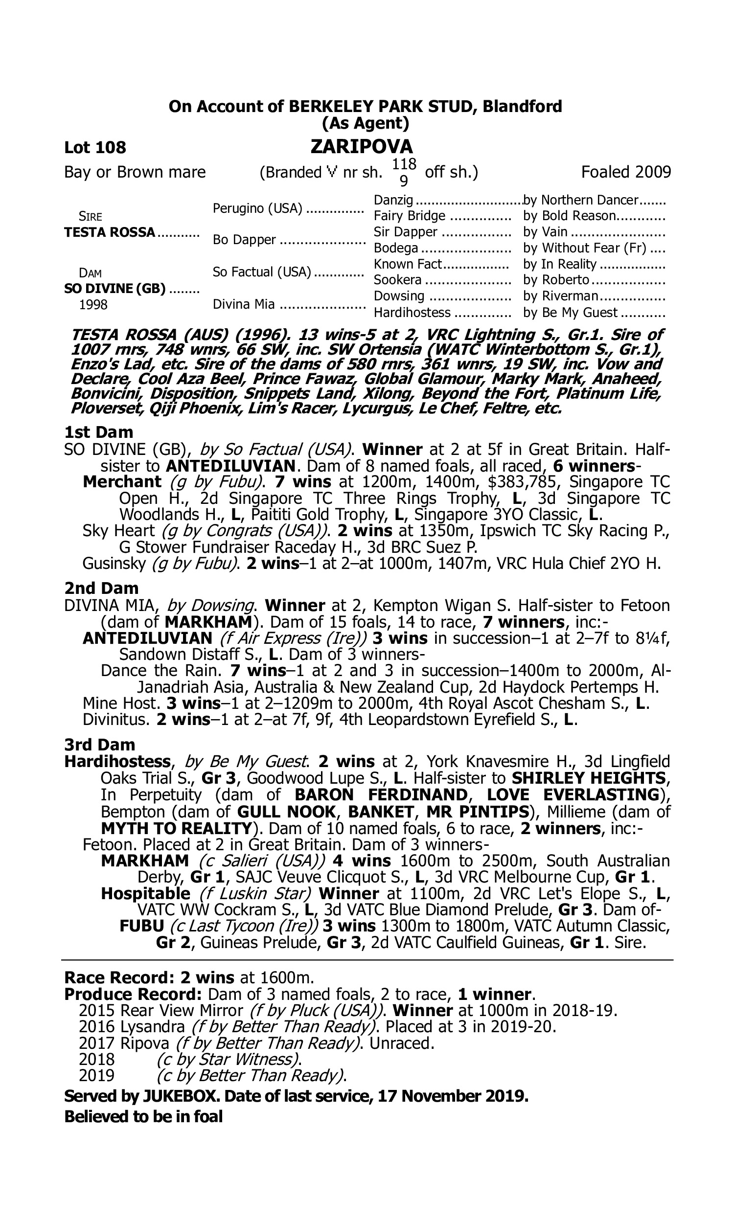 Pedigree for Lot 108 Testa Rossa - So Divine (GB)