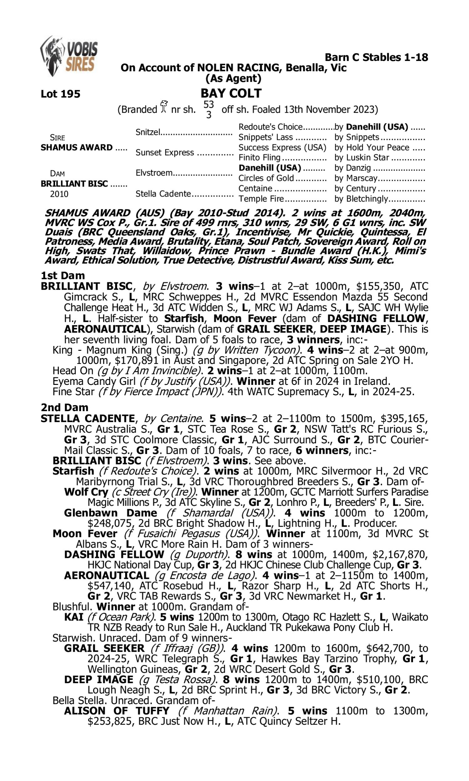 Pedigree for Lot 195 Shamus Award - Brilliant Bisc