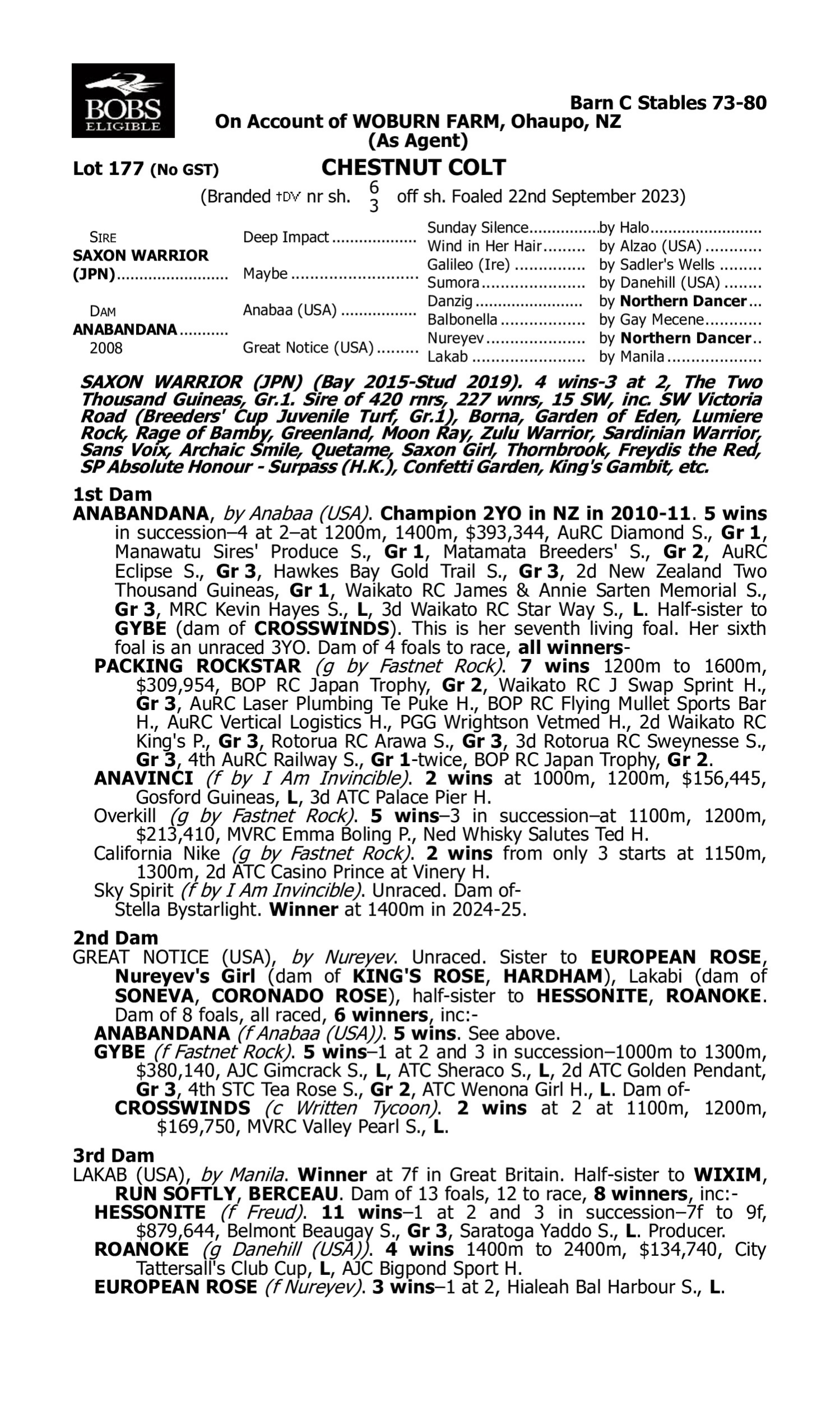 Pedigree for Lot 177 Saxon Warrior (JPN) - Anabandana