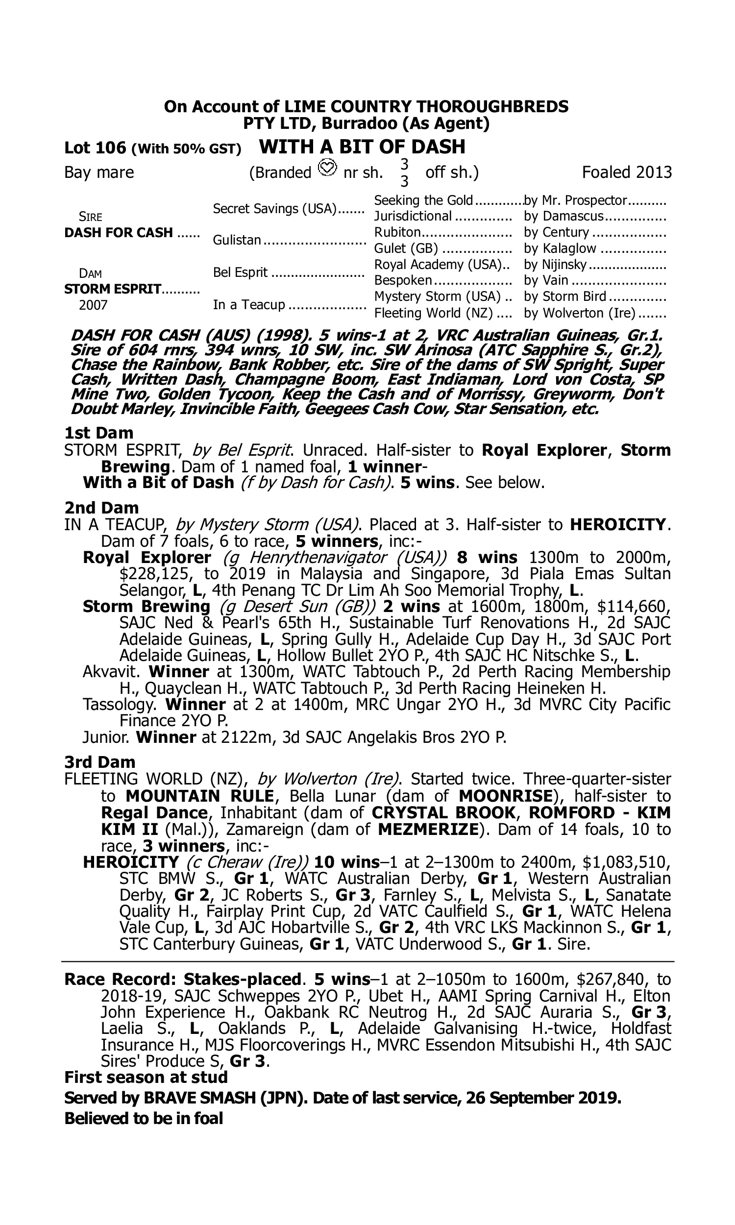 Pedigree for Lot 106 Dash for Cash - Storm Esprit