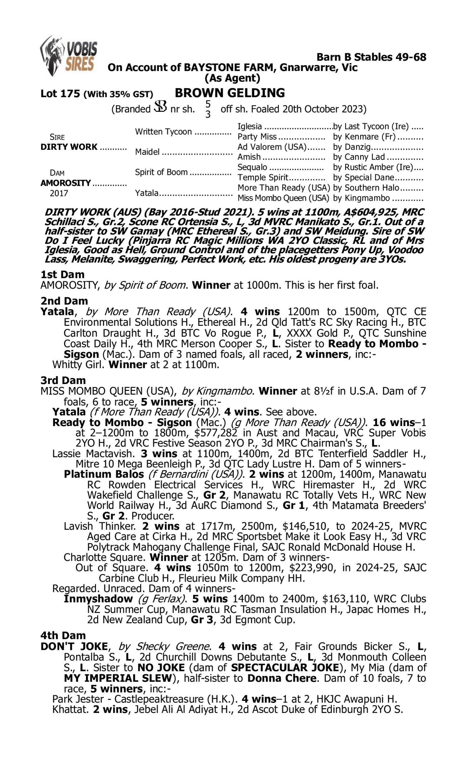 Pedigree for Lot 175 Dirty Work - Amorosity