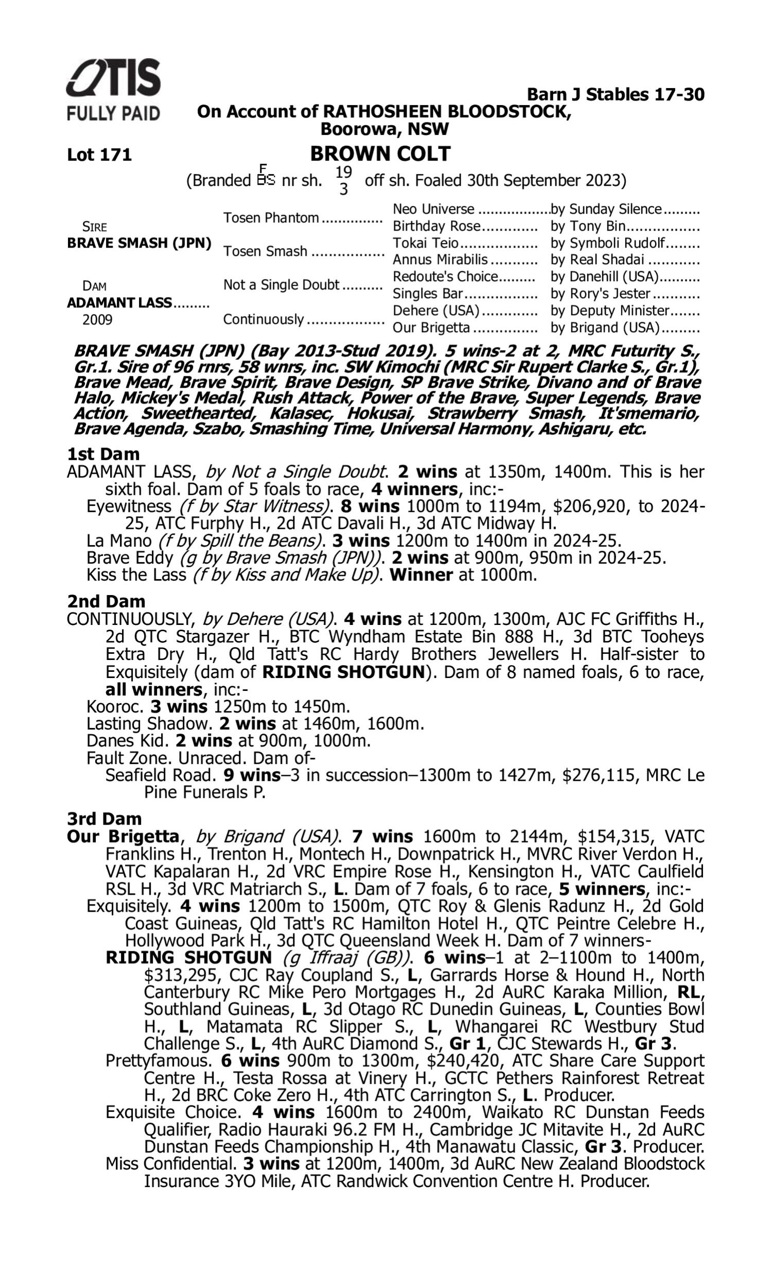 Pedigree for Lot 171 Brave Smash (JPN) - Adamant Lass