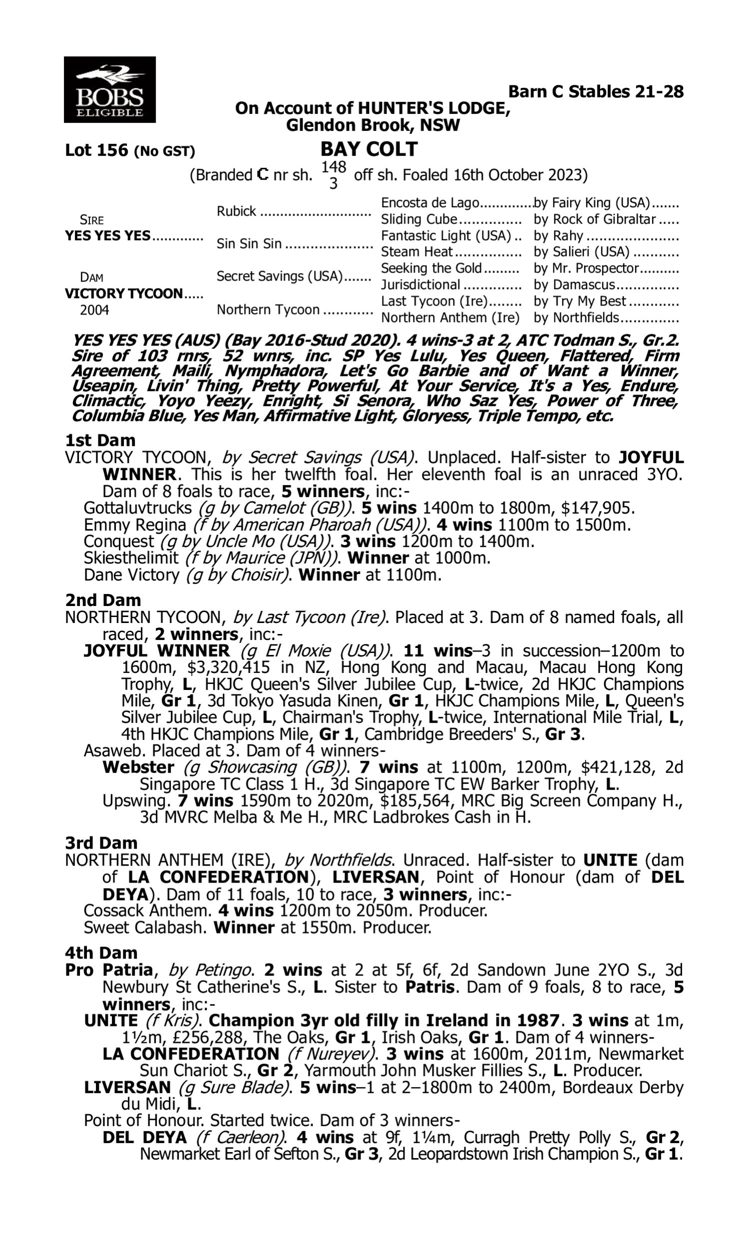 Pedigree for Lot 156 Yes Yes Yes - Victory Tycoon