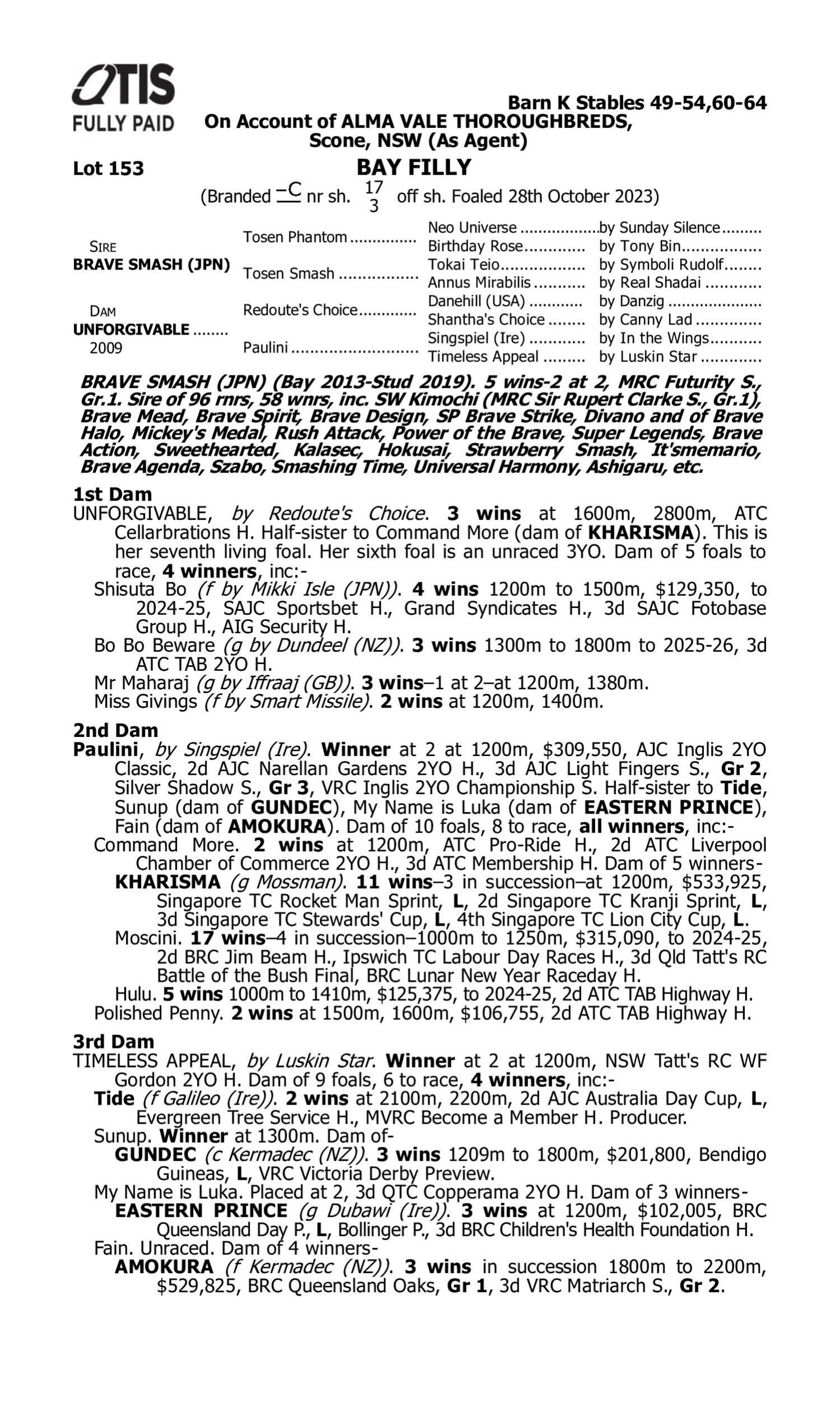 Pedigree for Lot 153 Brave Smash (JPN) - Unforgivable