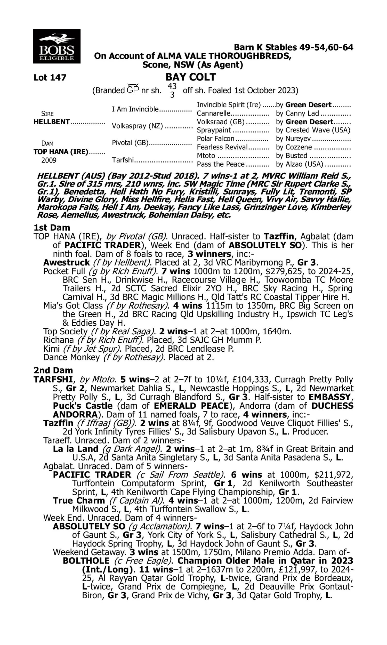Pedigree for Lot 147 Hellbent - Top Hana (IRE)