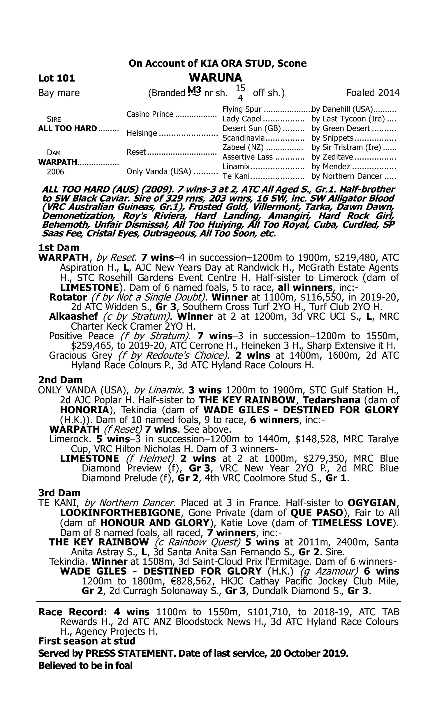 Pedigree for Lot 101 All Too Hard - Warpath