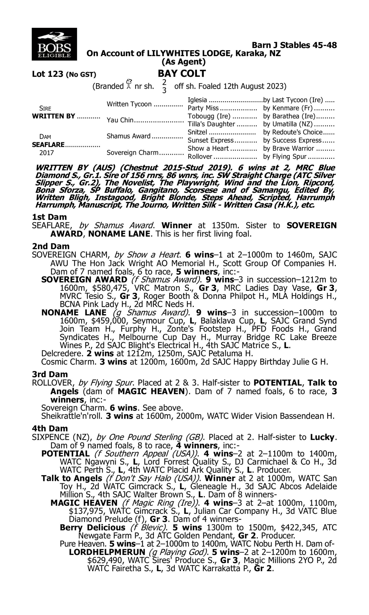 Pedigree for Lot 123 Written By - Seaflare