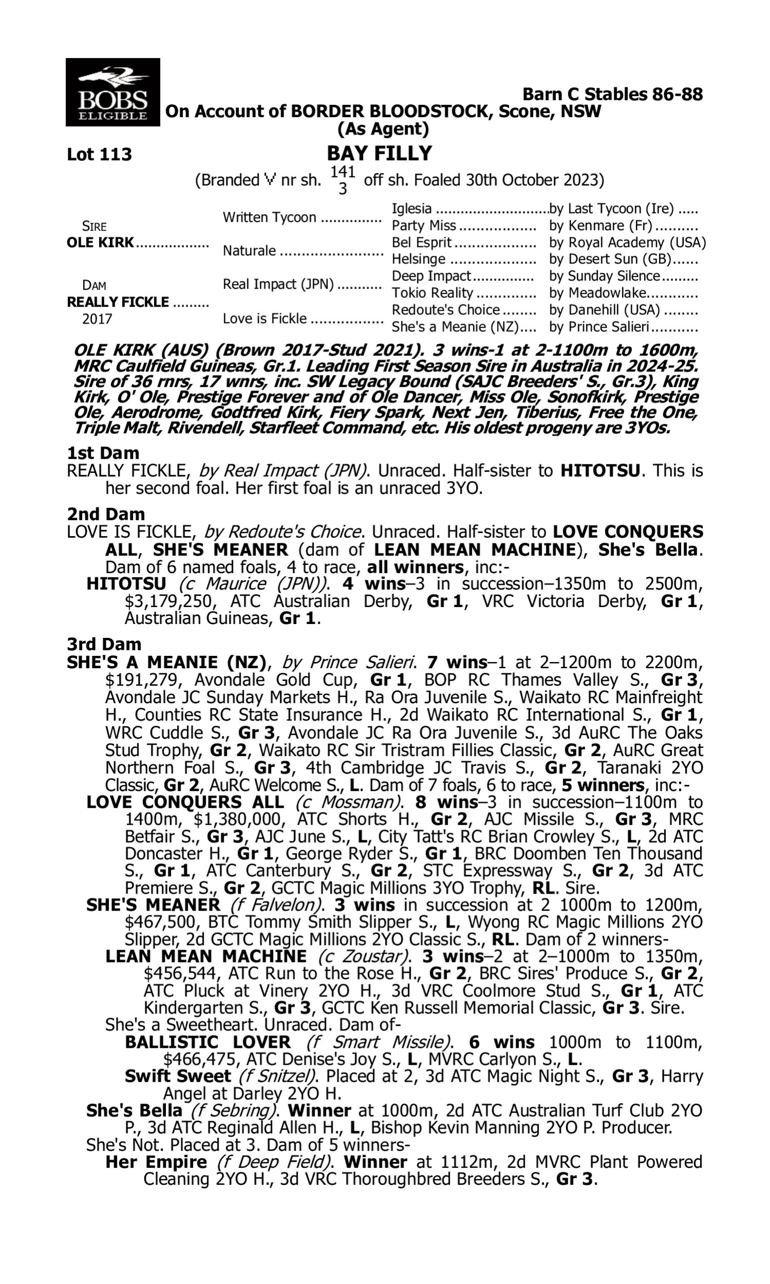 Pedigree for Lot 113 Ole Kirk - Really Fickle