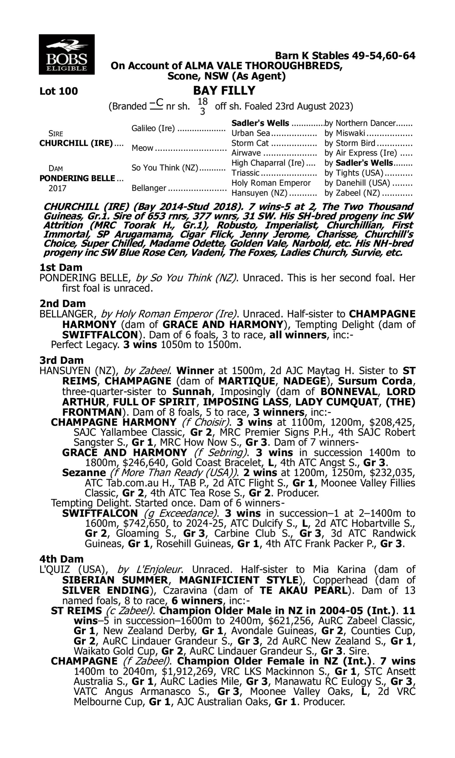 Pedigree for Lot 100 Churchill (IRE) - Pondering Belle