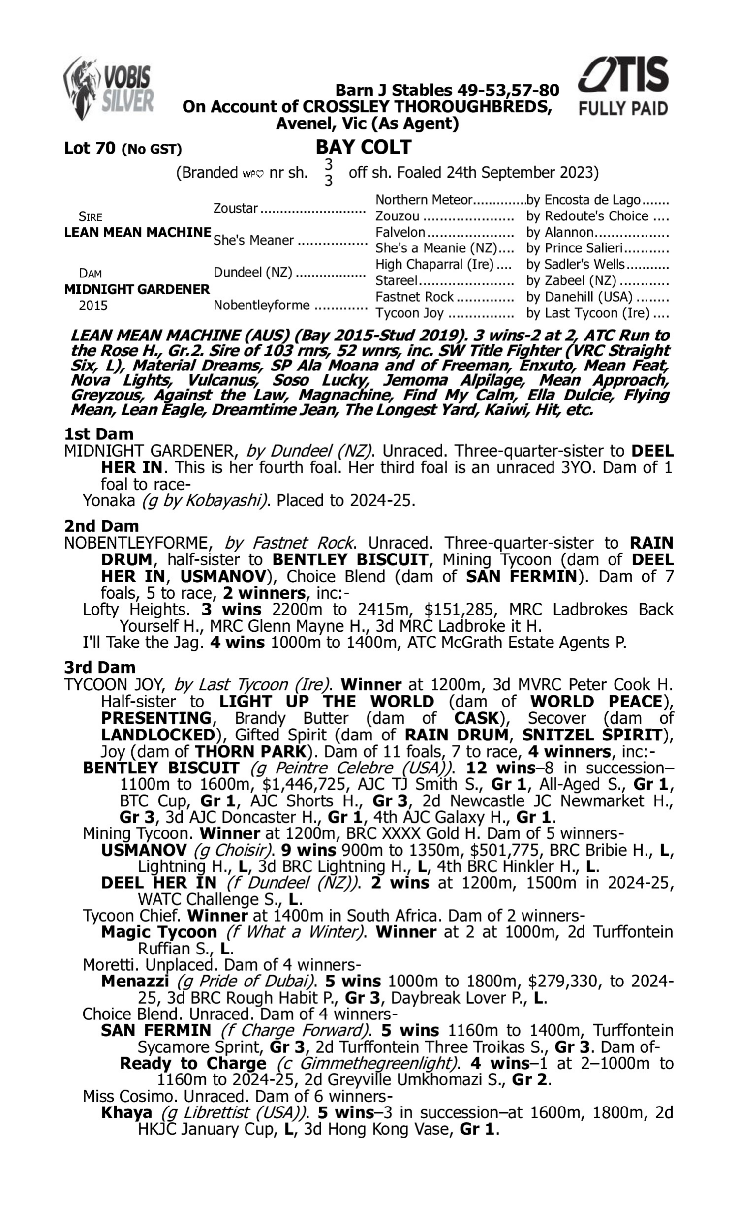 Pedigree for Lot 70 Lean Mean Machine - Midnight Gardener